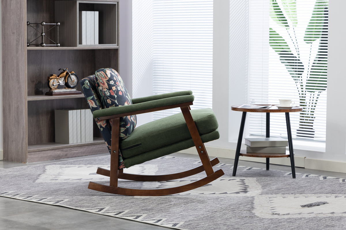 Walnut frame mid-century modern studio rocking chair by Anthony & Home, with cushioned seat and curved armrests.