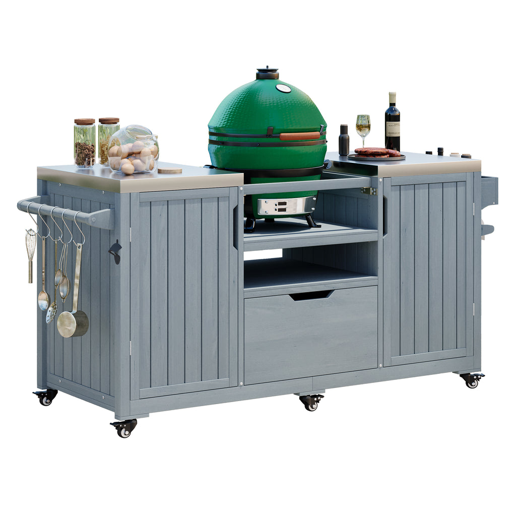 Solid wood outdoor kitchen island for Big Green Egg from Anthony & Home, featuring a spacious countertop and storage compartments.