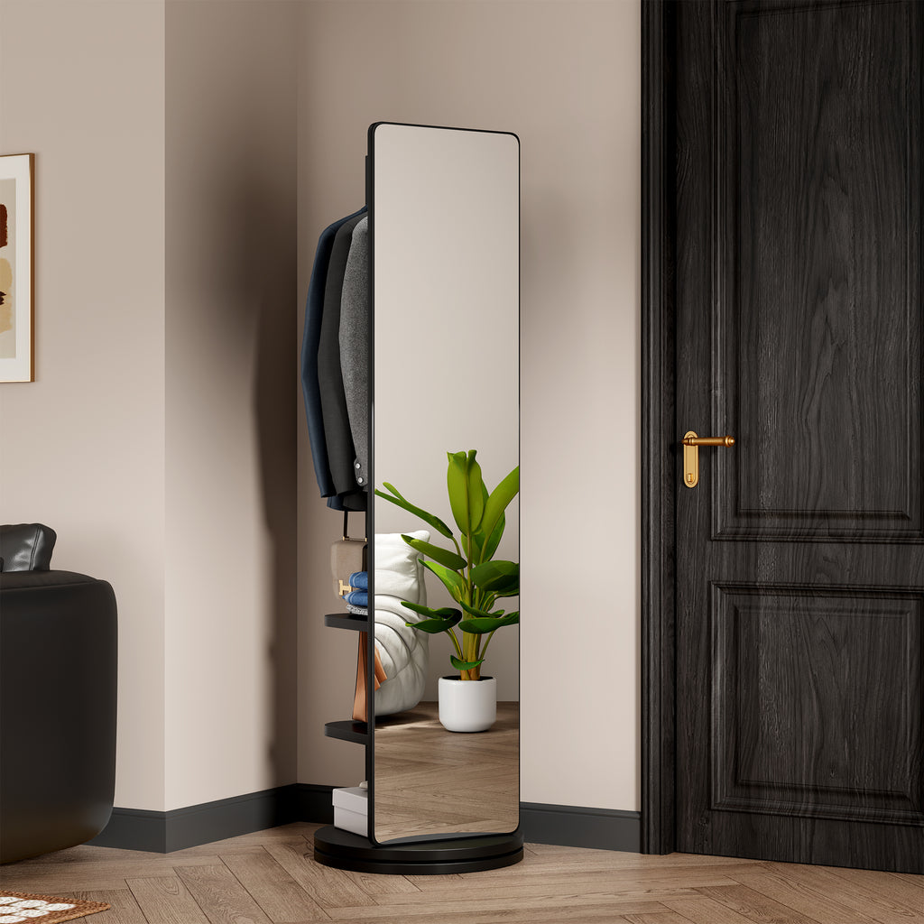 Solid Wood Full Length Mirror With 360 Degree Rotating Frame And Exclusive Hook Storage Rack Black