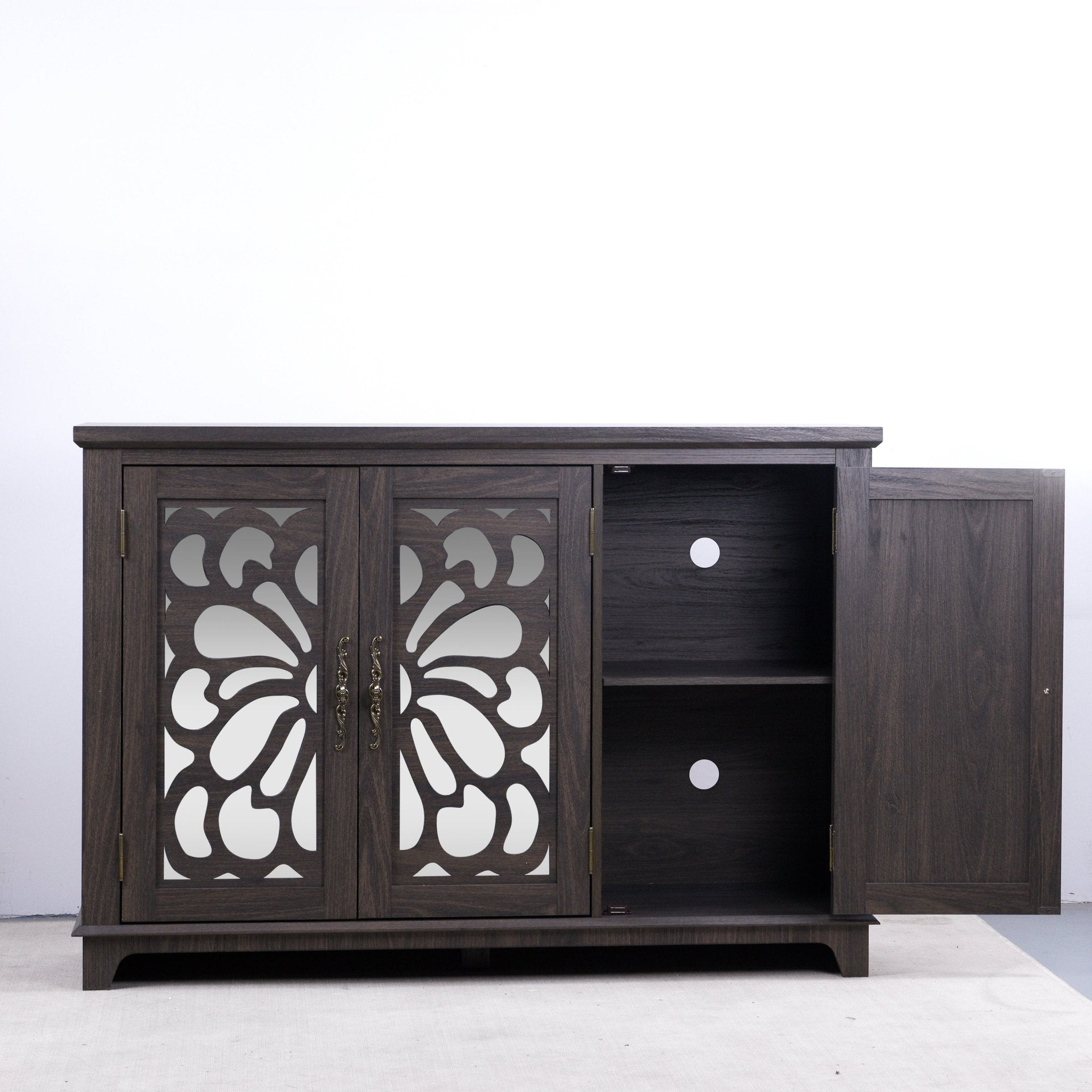 Anthony & Home Heritage Walnut Sideboard with mirrored doors, adjustable shelves, 49.3 x 15.6 inches in natural wood finish.