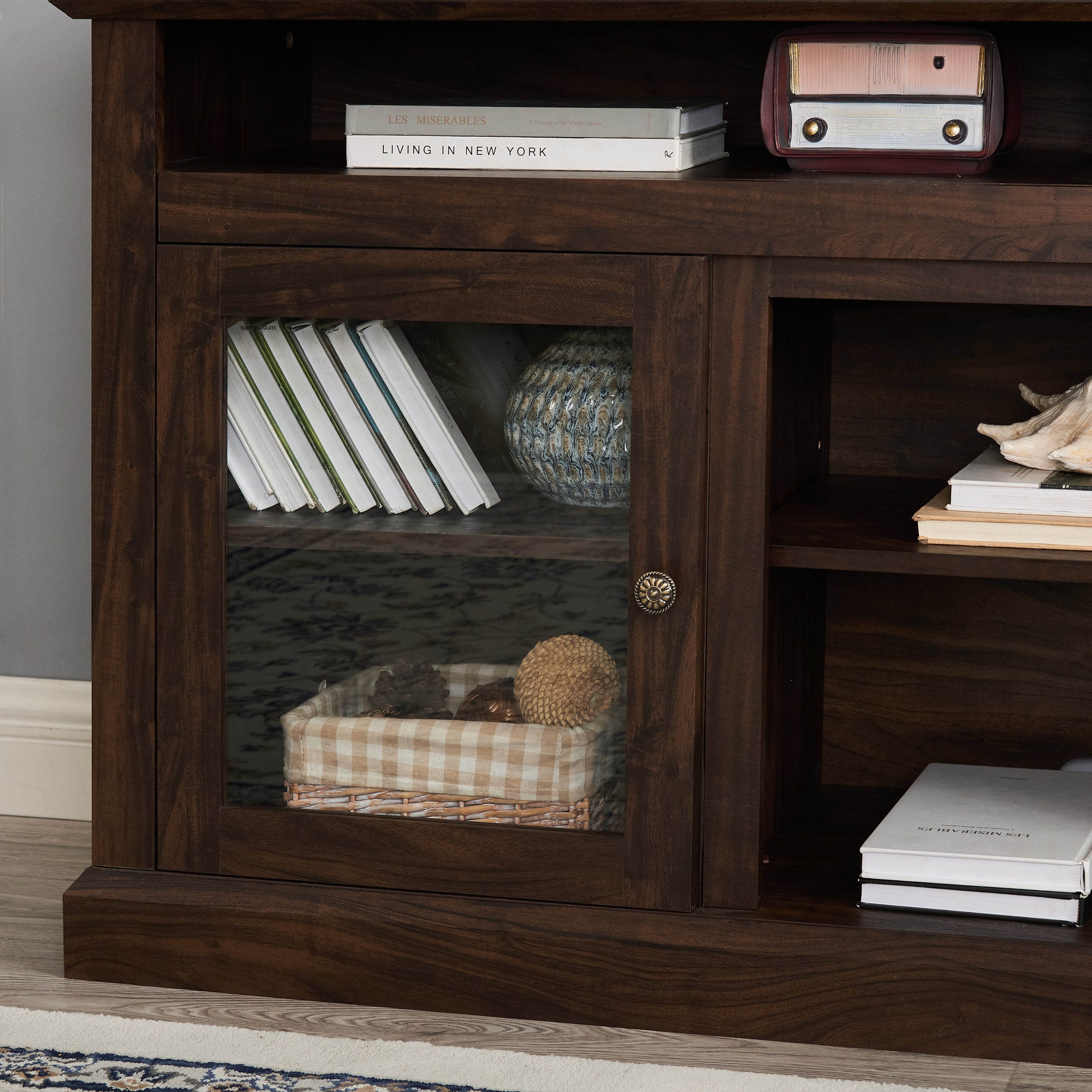 Anthony & Home Atelier Collection TV console in brown finish for 65-inch TVs, minimalist entertainment cabinet with sleek design.