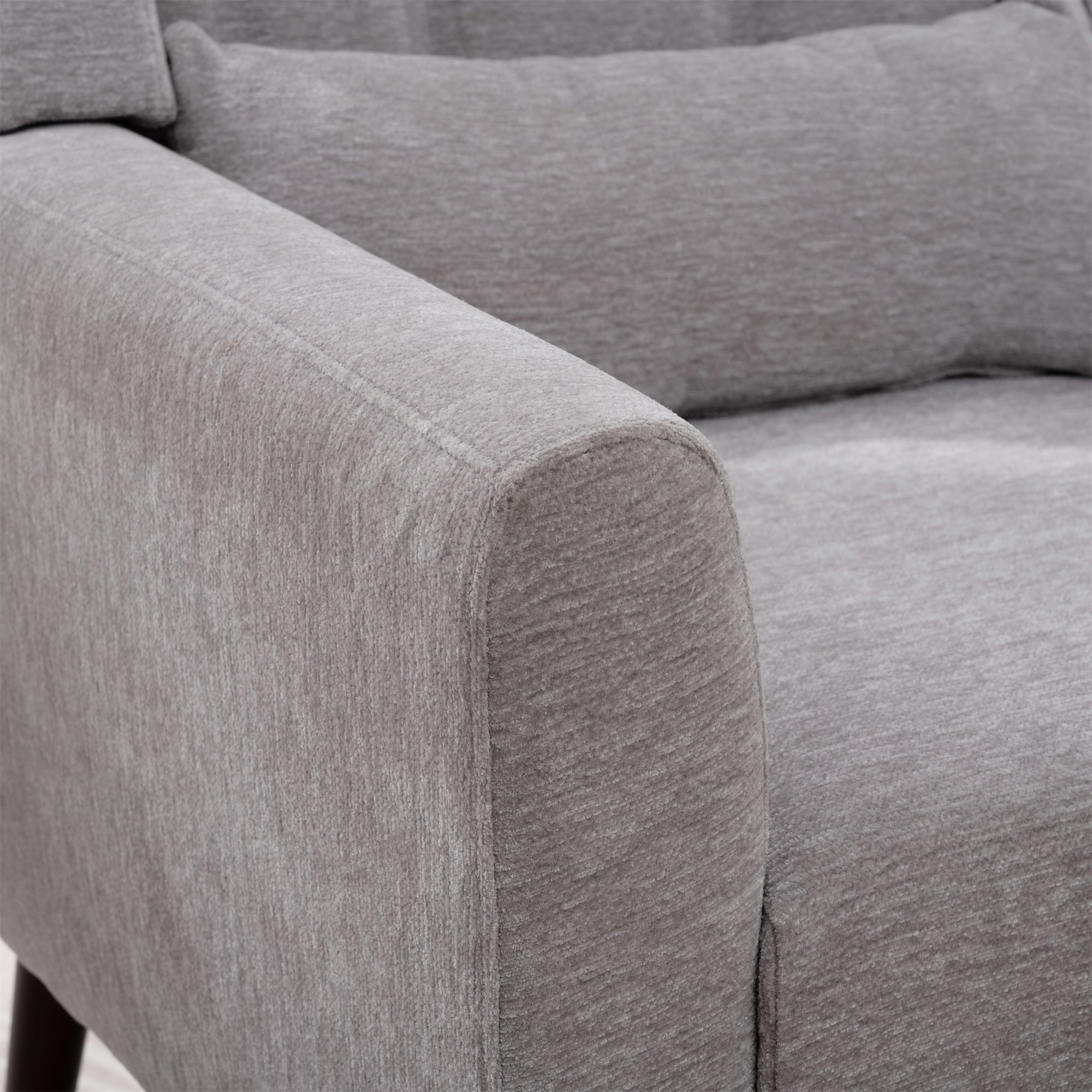 Gray chenille accent chair with solid wood legs, stylish studio furniture by Anthony & Home