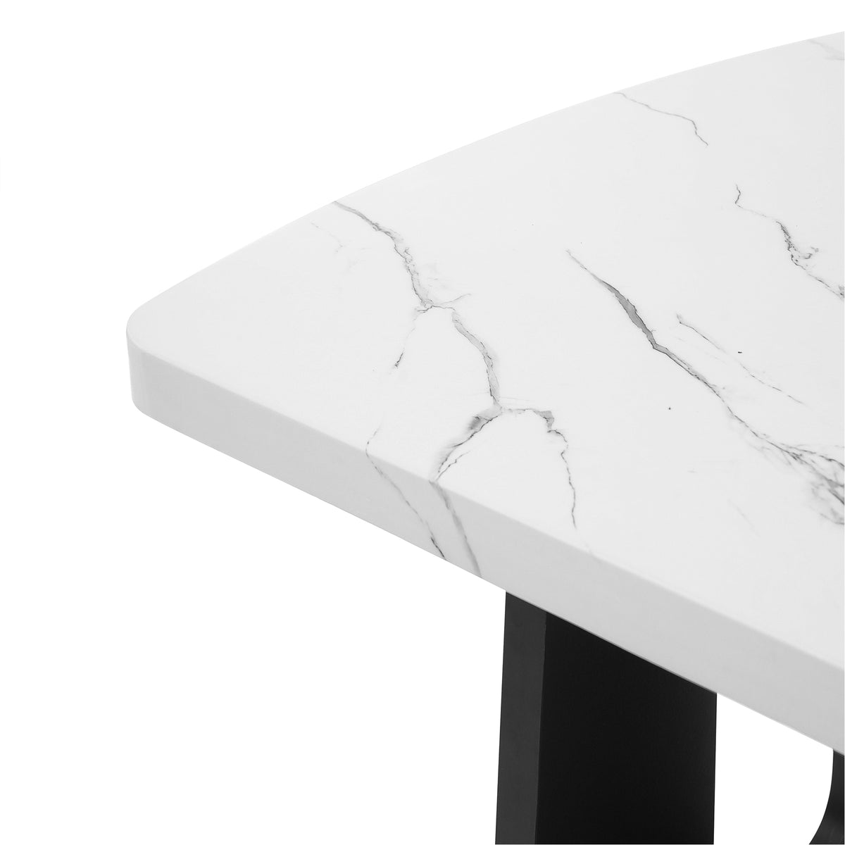 Anthony & Home faux marble dining table with black and white surface and geometric black metal legs, modern and stylish design.