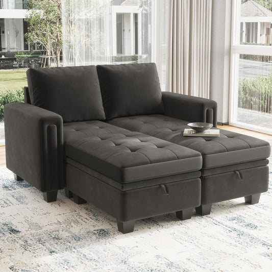 Velvet Modular Sectional Sofa Couch with Storage Convertible Sectional Sleeper Sofa Couch Bed Set with Reversible Chaise Grey-0