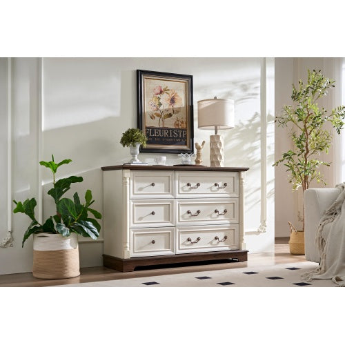 Farmhouse Walnut 6 Drawer Dresser Chest For Bedroom