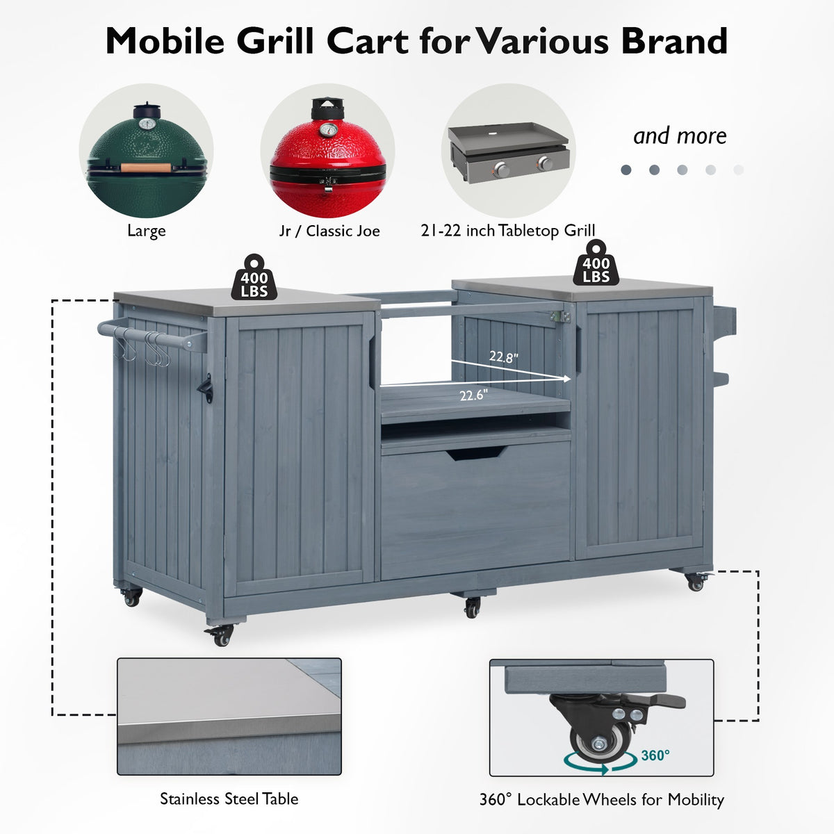 Solid wood outdoor kitchen island by Anthony & Home designed for Big Green Egg Studio, featuring a spacious cooking and prep surface.