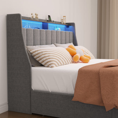 Full Size Bed Frame With Led And Under Bed Storage Drawers