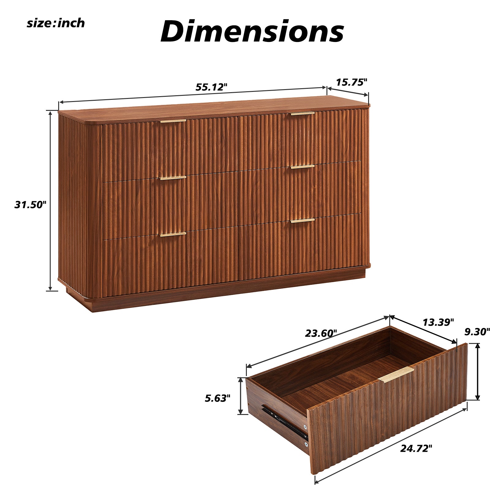 Walnut Wave Six-Drawer Dresser TV Stand by Anthony & Home, 55-inch wide with curved profile from Studio Collection.