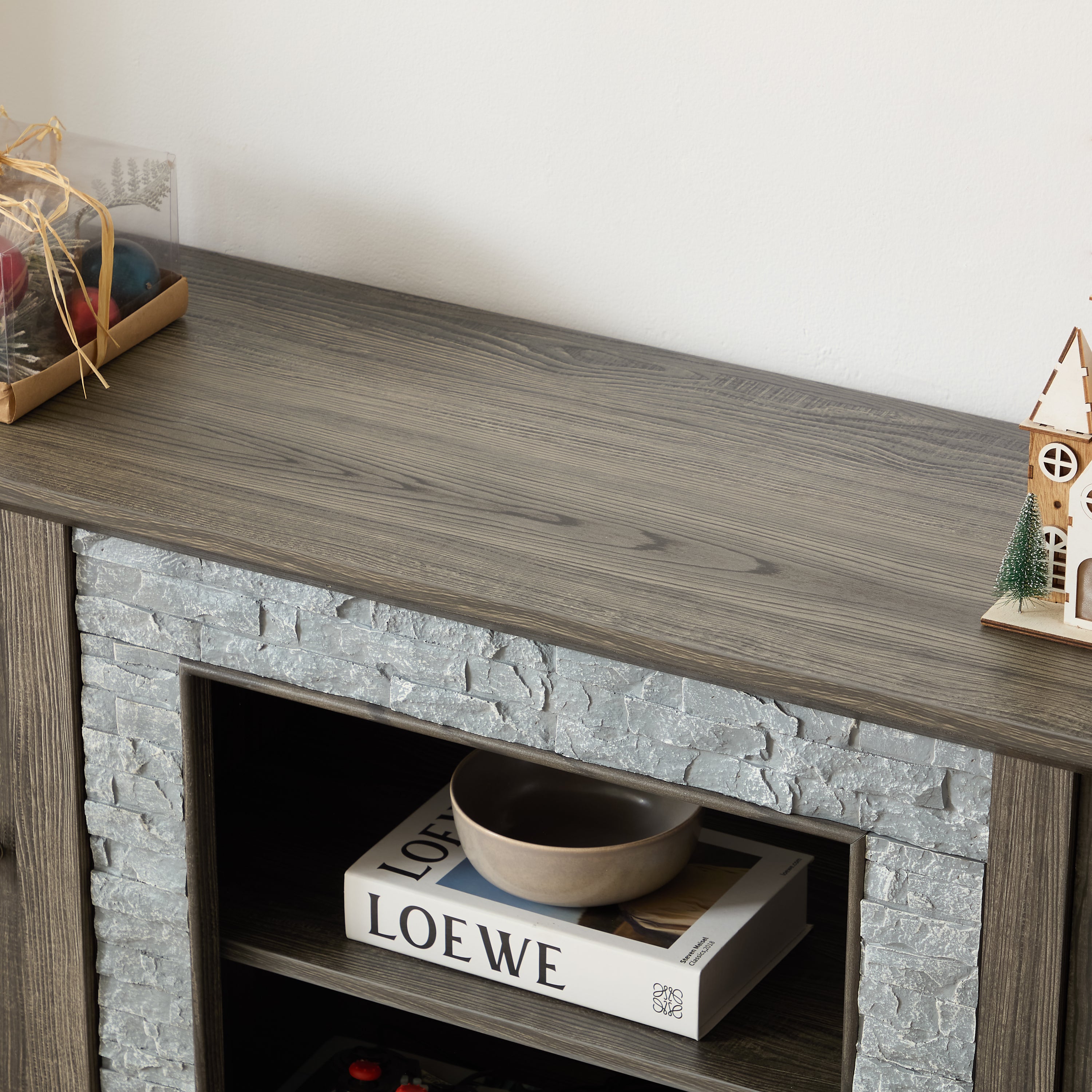 Anthony & Home Atelier faux stone grey TV stand with modern design and storage compartments for living room decor.