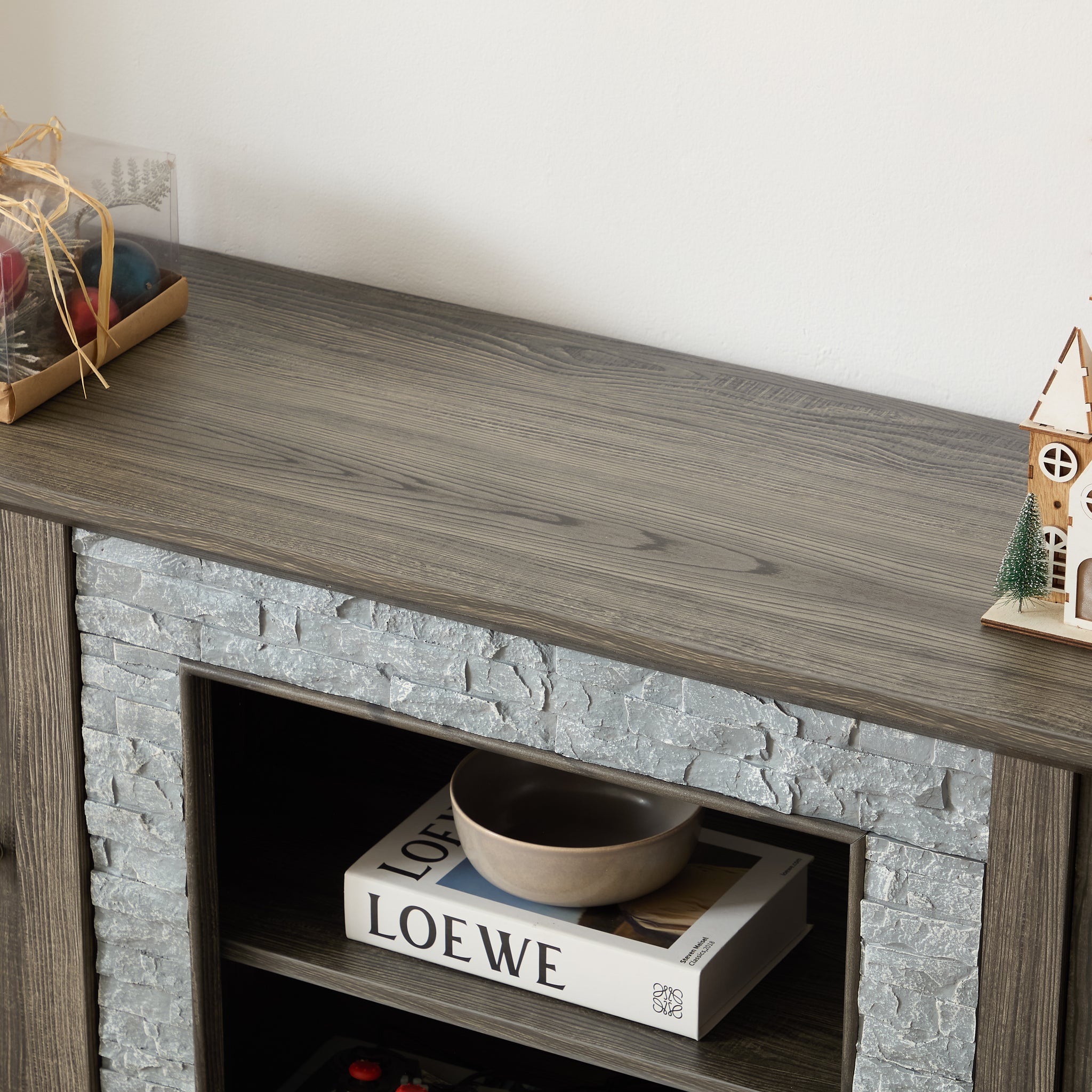 Anthony & Home Atelier faux stone grey TV stand with modern design and storage compartments for living room decor.