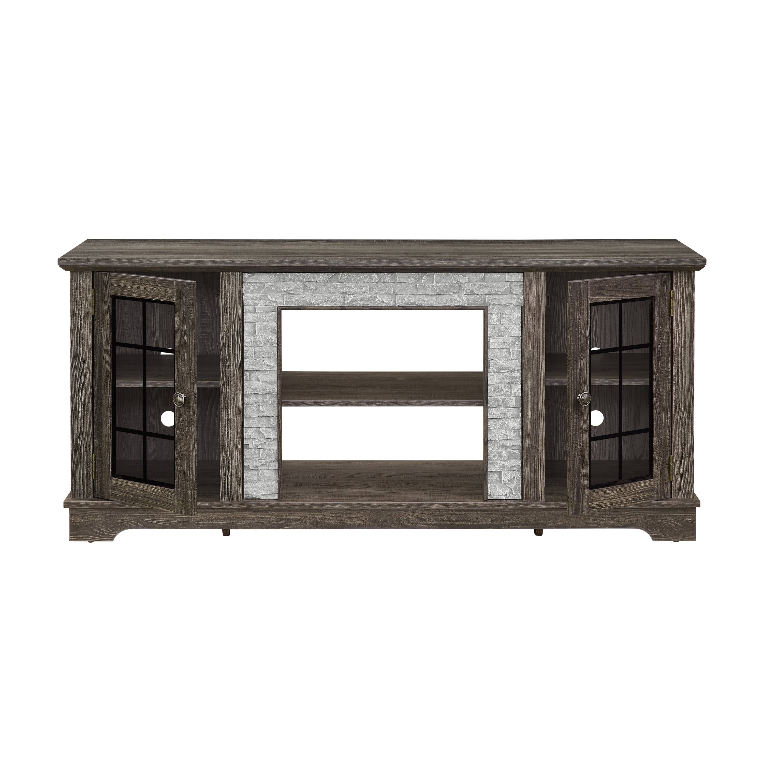 Anthony & Home Atelier Faux Stone TV stand in grey with a modern design and open shelving for living room entertainment setup.