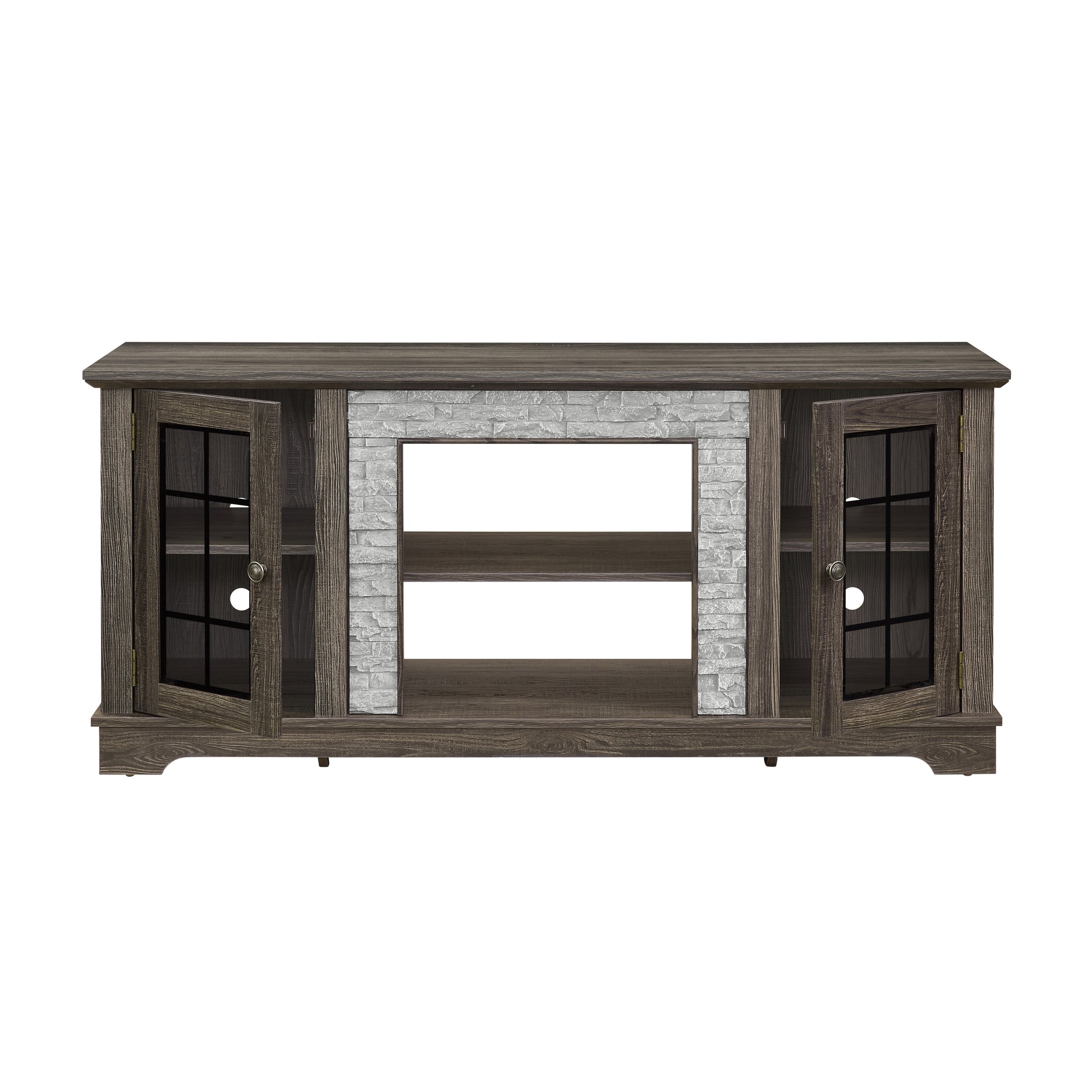 Anthony & Home Atelier Faux Stone TV stand in grey with a modern design and open shelving for living room entertainment setup.