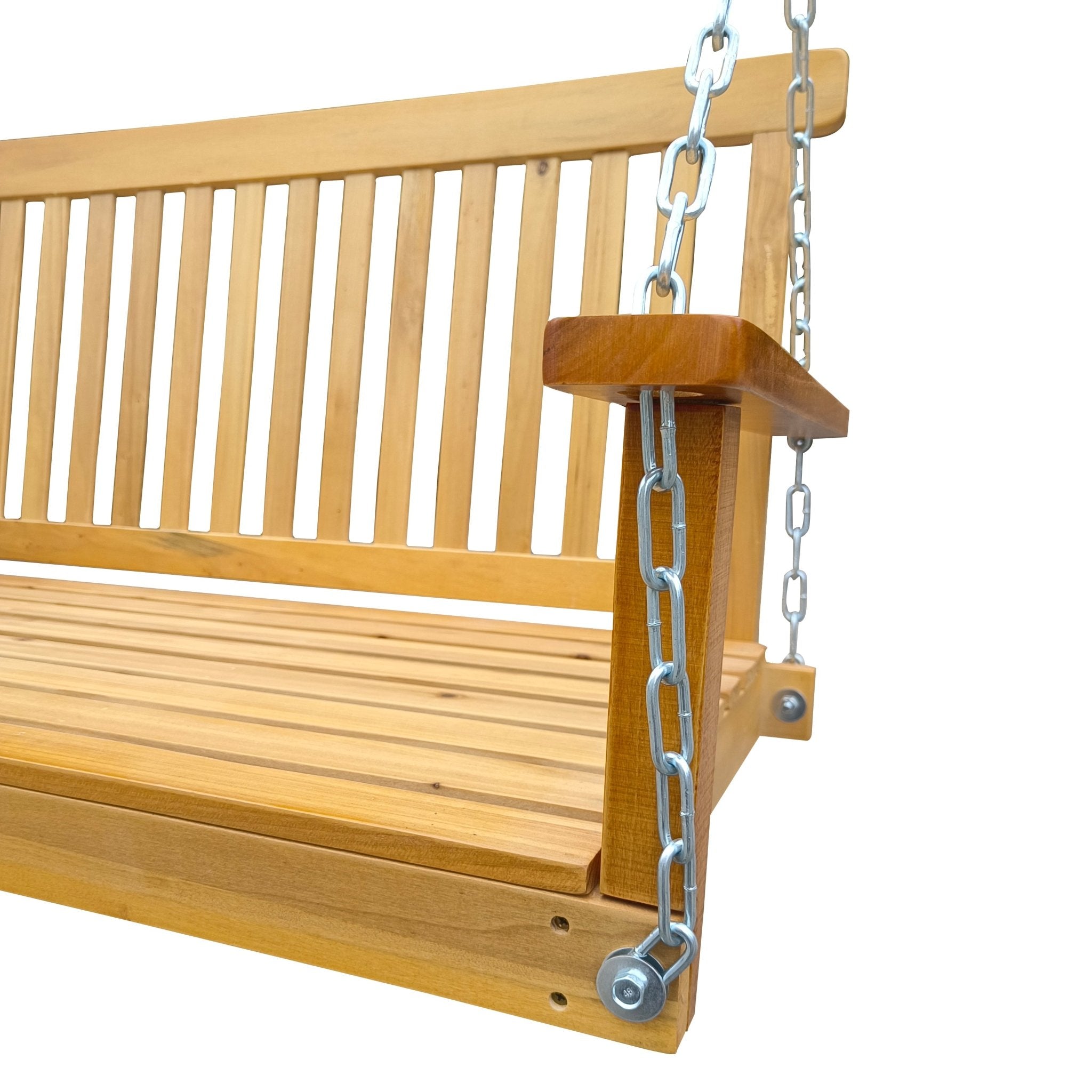 Teak wood porch swing with armrests and hanging chains from Anthony & Home's Heritage Outdoor Collection, ideal for outdoor relaxation.