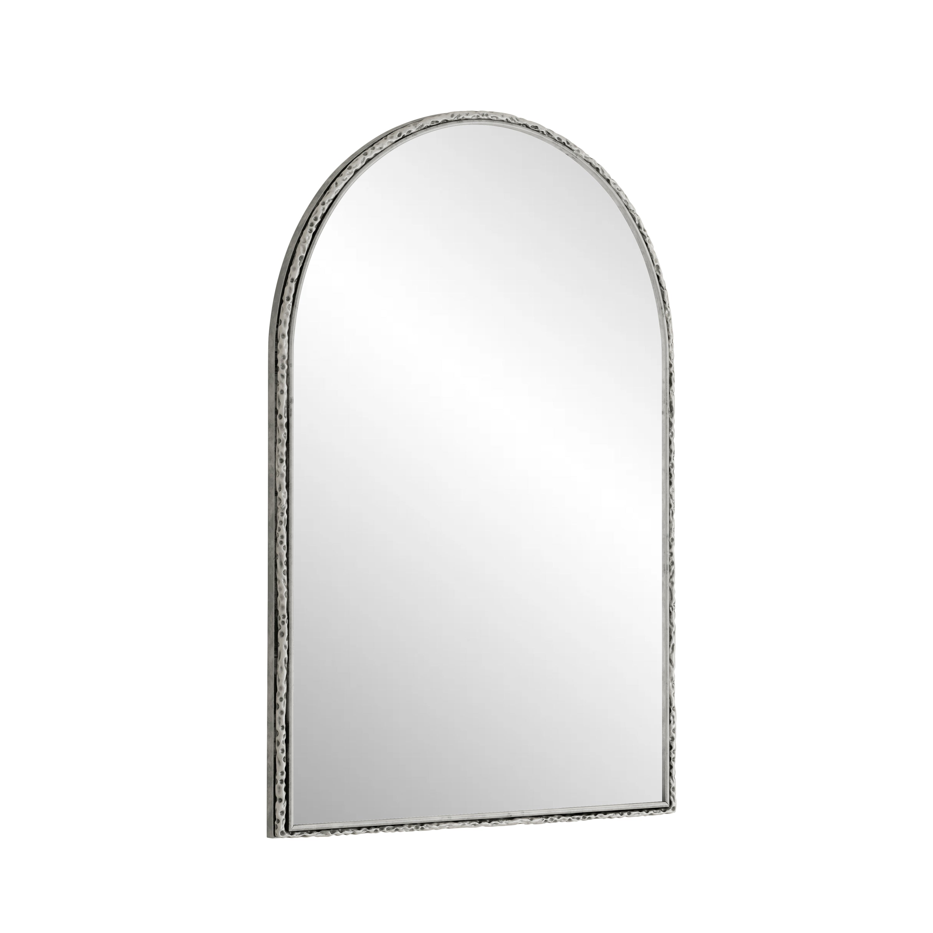 Arched silver mirror with tempered glass frame by Anthony & Home, showcasing a sleek, modern design and reflective surface.