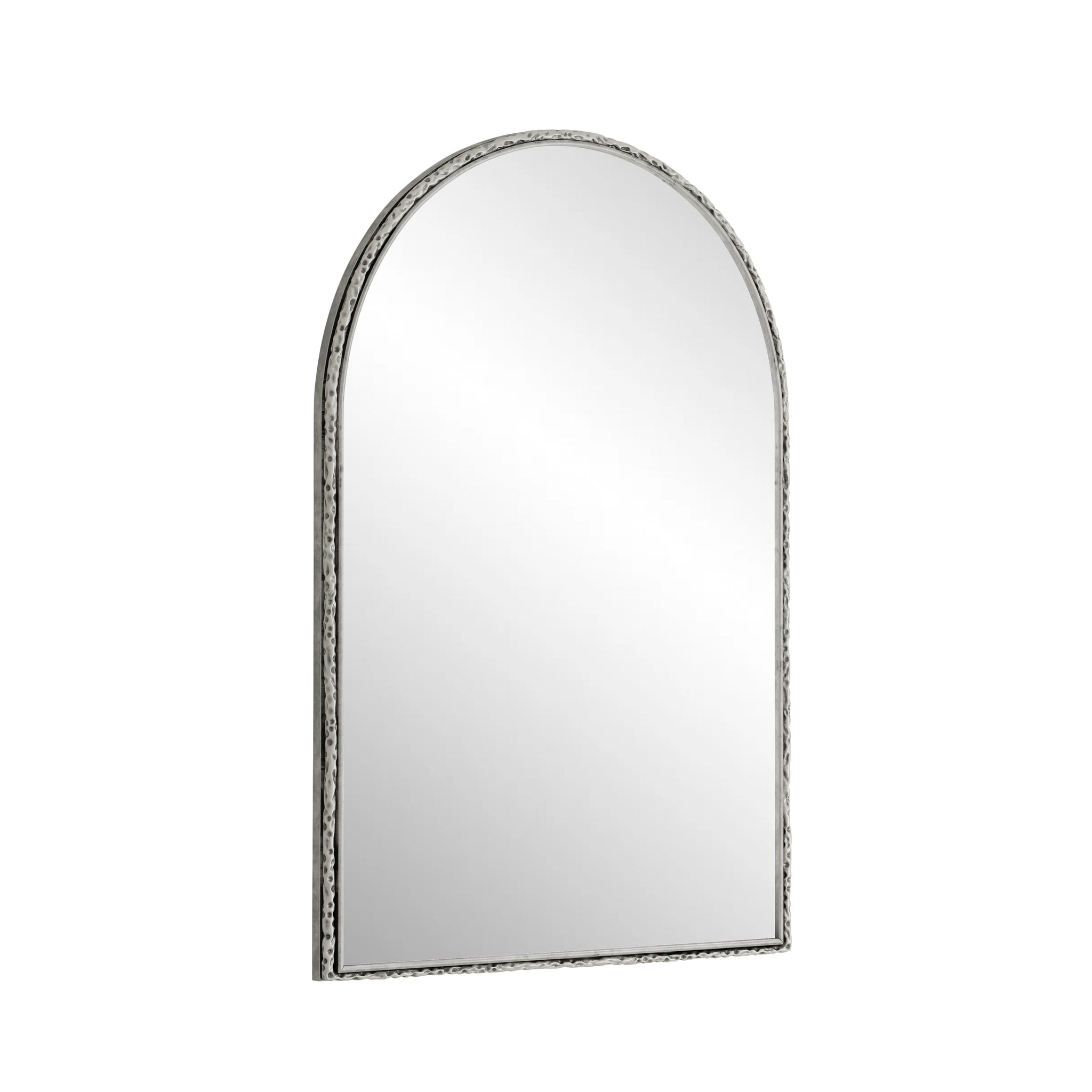 Arched silver mirror with tempered glass frame by Anthony & Home, showcasing a sleek, modern design and reflective surface.