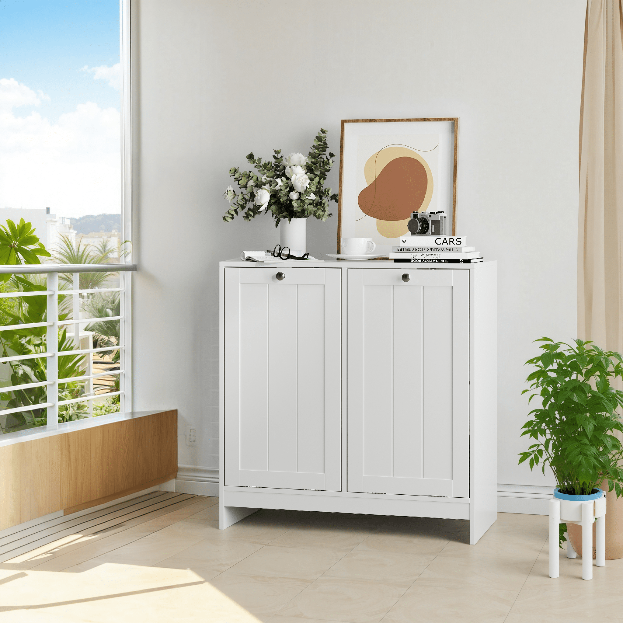 Lacquered white tilted laundry hamper by Anthony & Home with a sleek, modern design and limited edition finish.