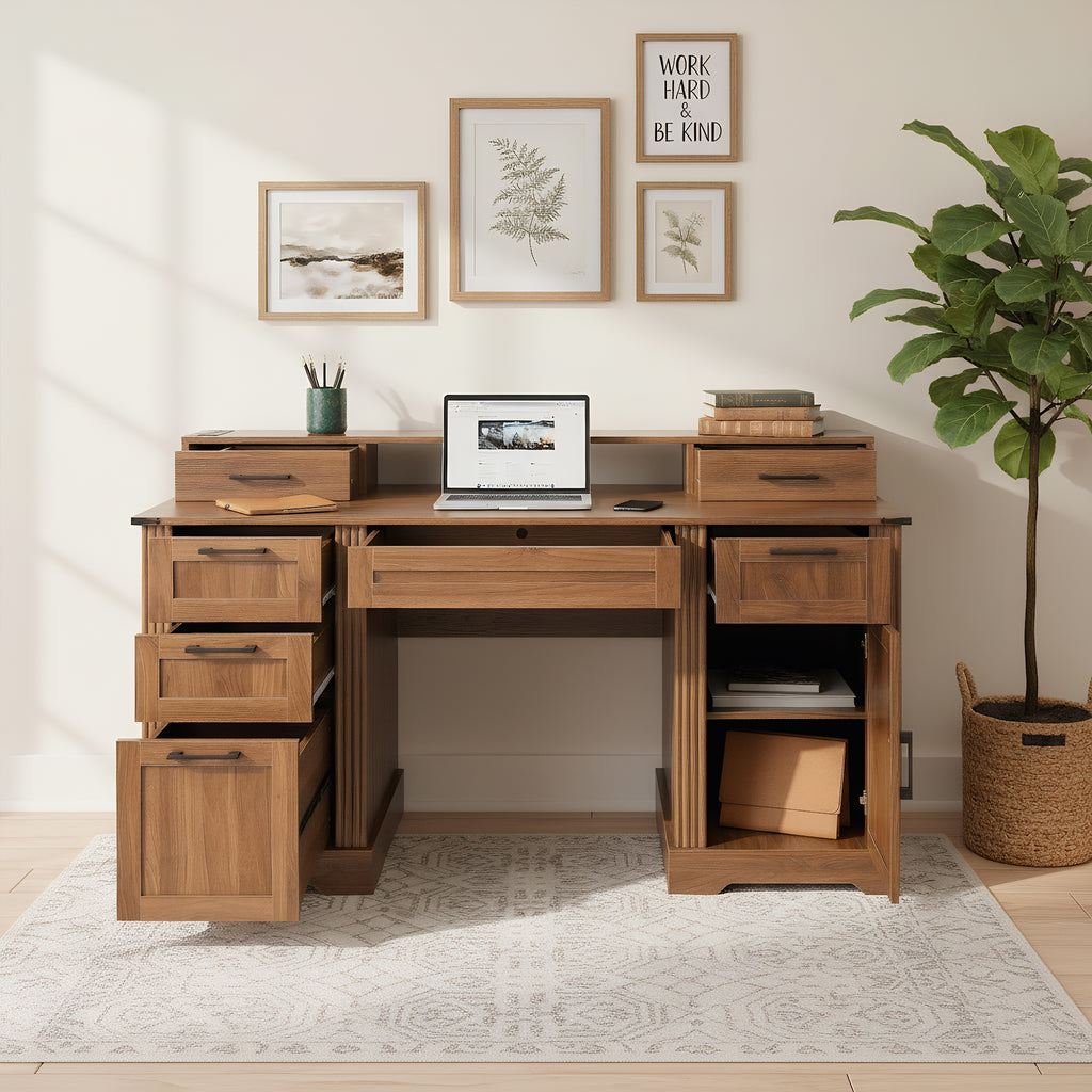 Anthony & Home Atelier dark walnut farmhouse office desk with barn door, built-in charging station and monitor stand.