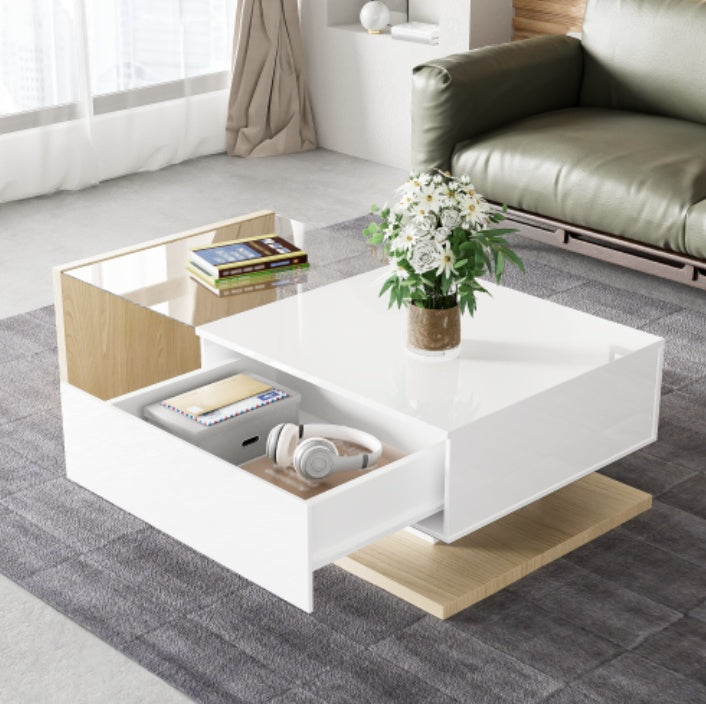 High Gloss White And Wood Coffee Table With Glass And LED