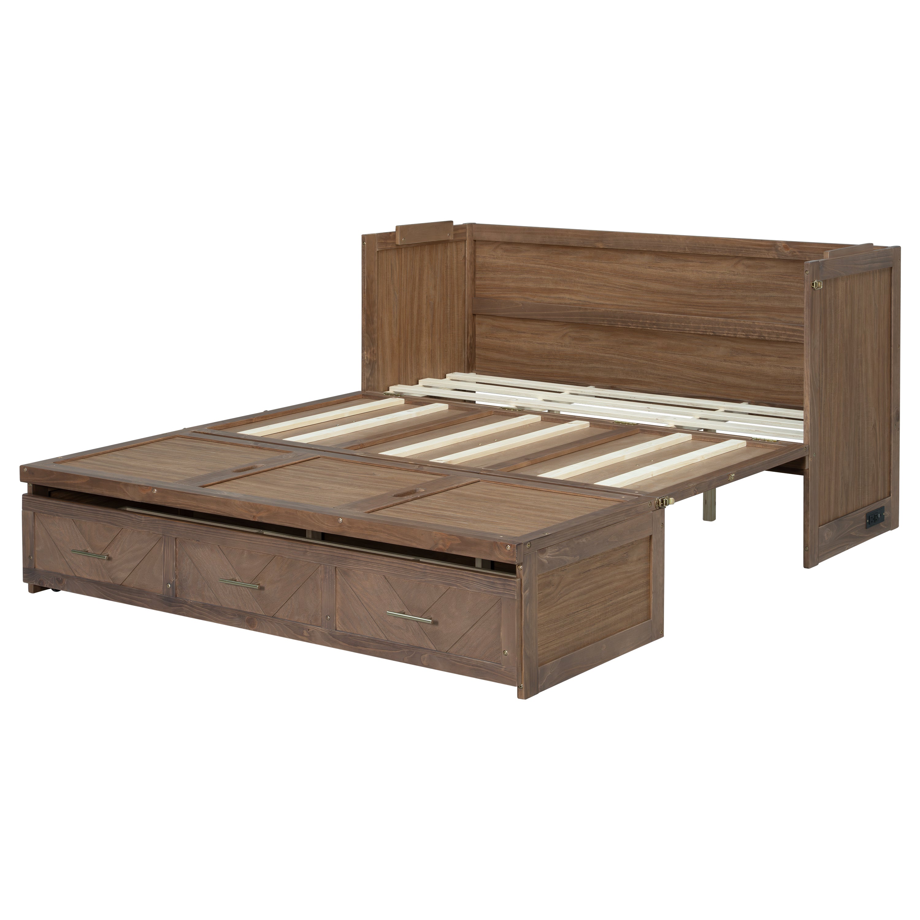 Murphy bed studio in light walnut finish from Anthony & Home, shown in a modern living space with the bed partially open and folded against the wall.