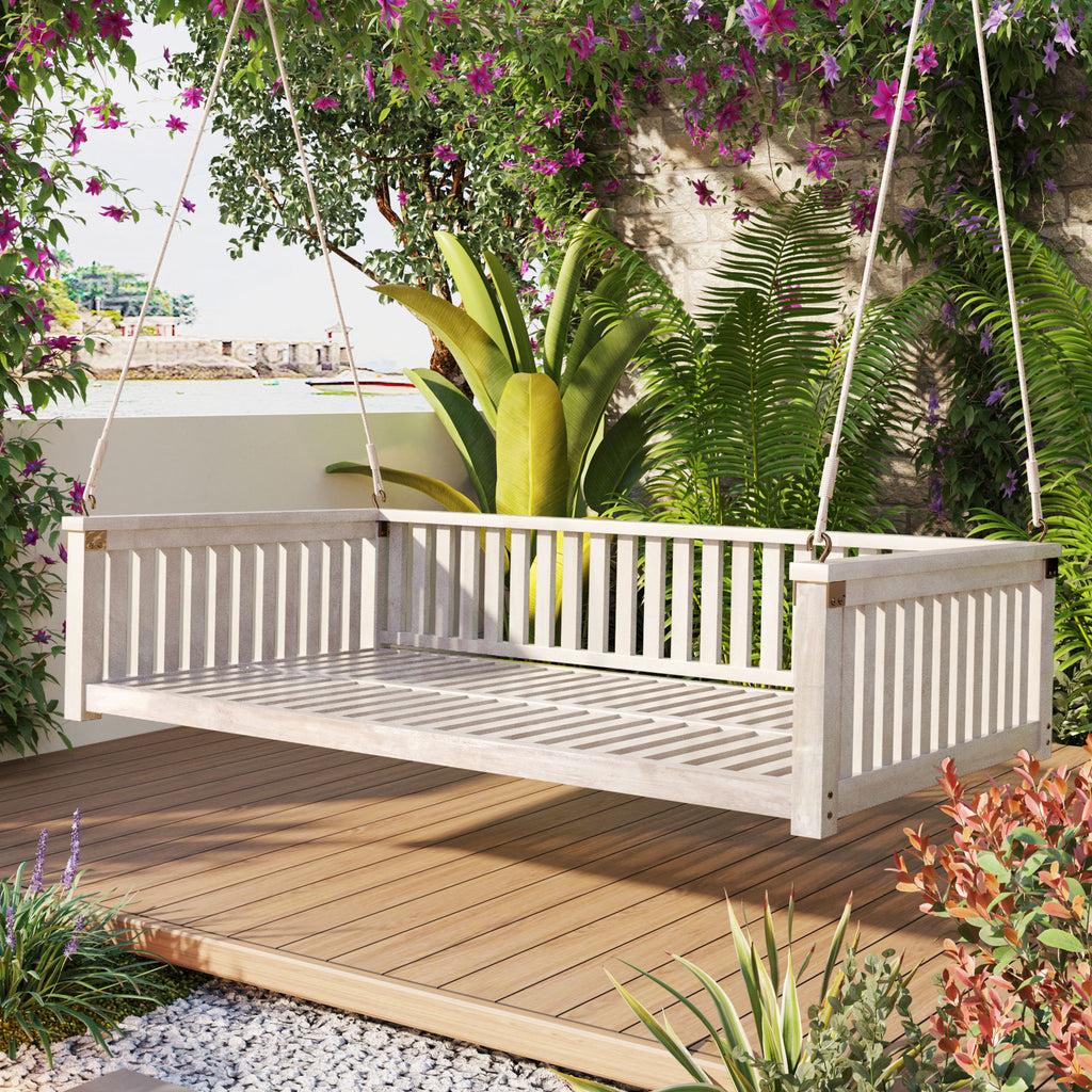 Anthony & Home Topmax Studio solid wood twin size porch swing with ropes, showcasing a sturdy outdoor seating option.