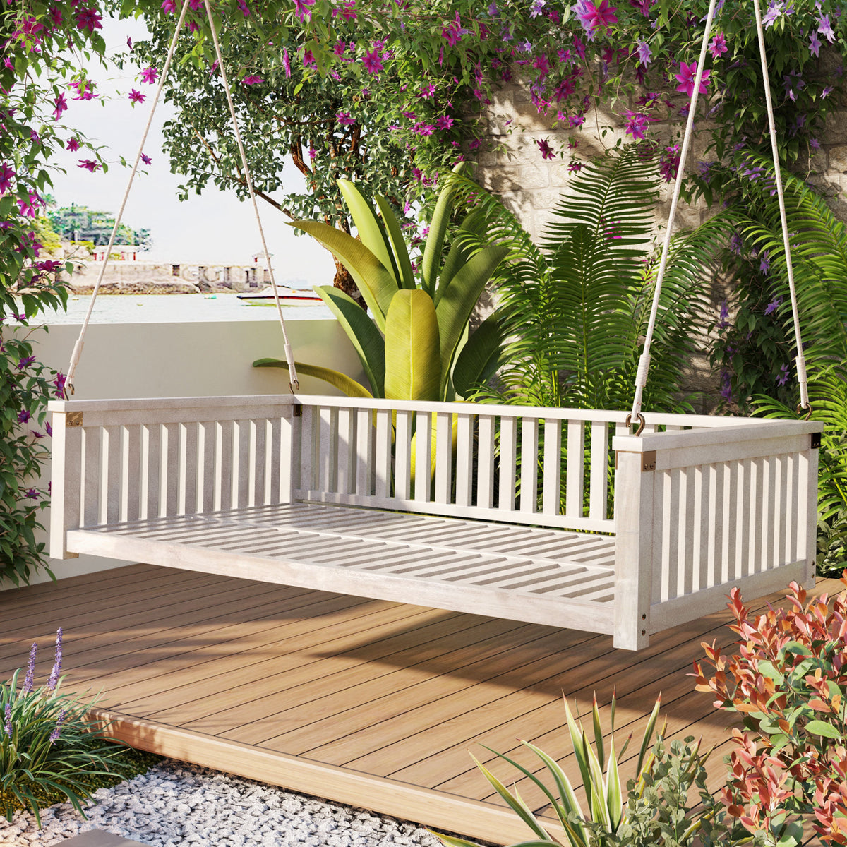 Anthony & Home Topmax Studio solid wood twin size porch swing with ropes, showcasing a sturdy outdoor seating option.