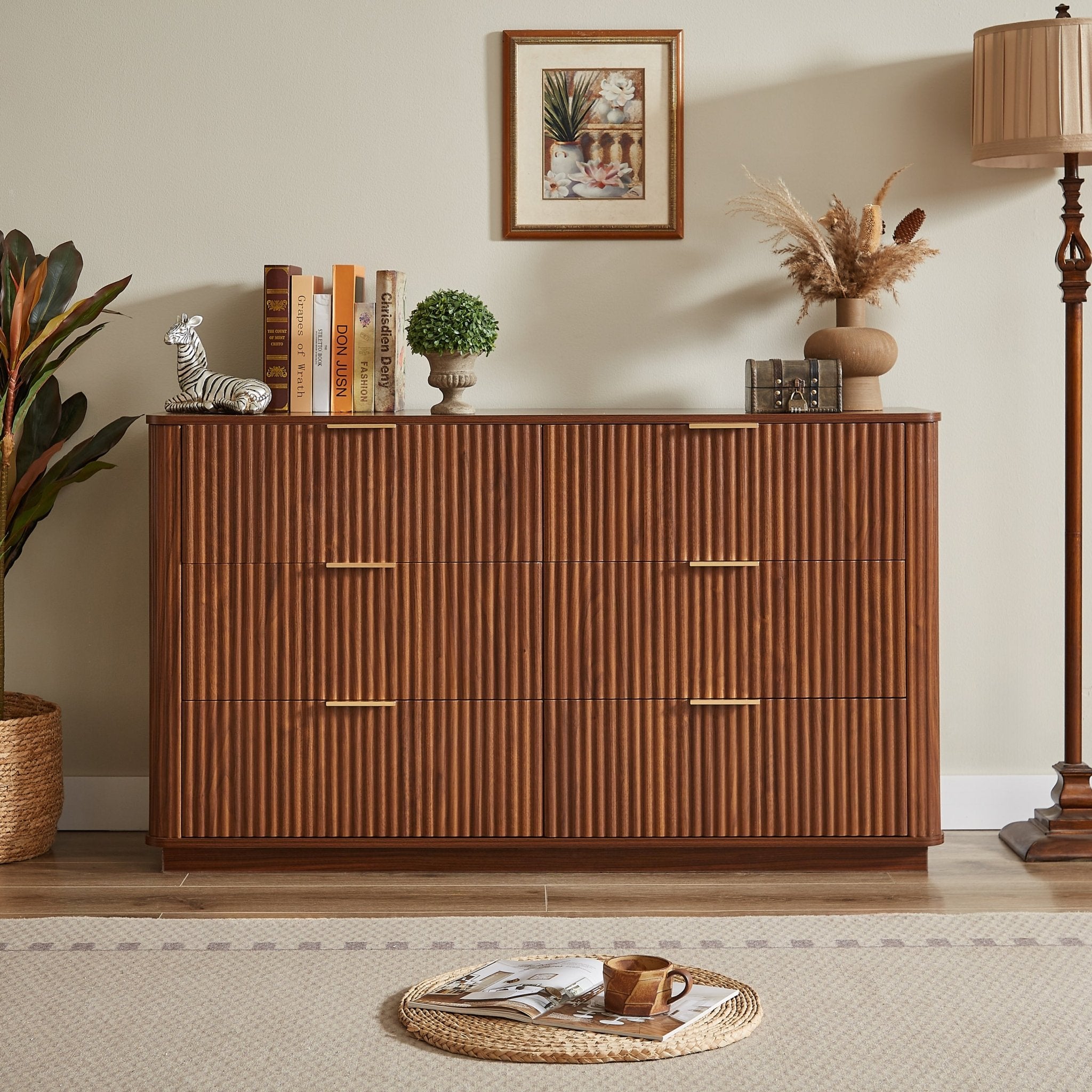 Walnut Wave six-drawer dresser and TV stand by Anthony & Home featuring a curved profile and 55-inch width from the Studio Collection.