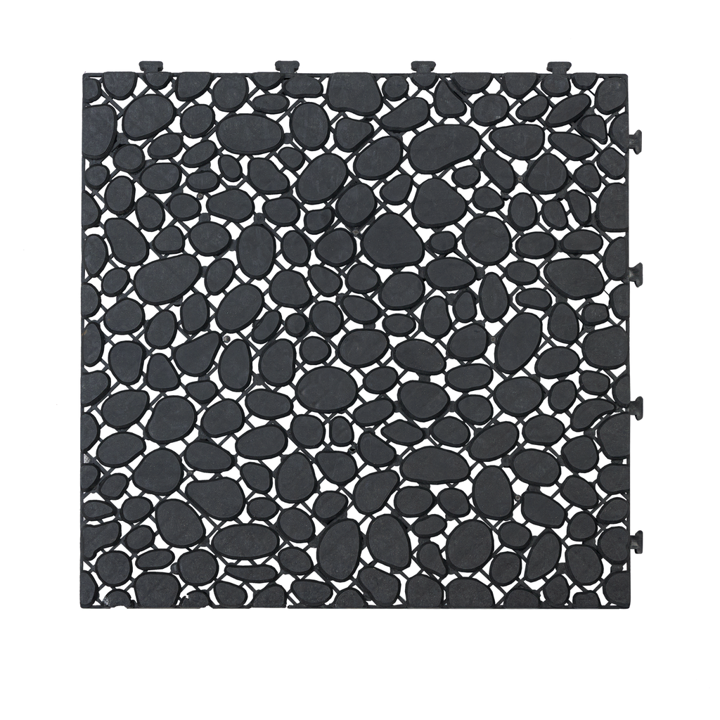 Black Anthony & Home interlocking deck tiles, 12x12 inch all-weather anti-slip polymer for indoor and outdoor use.