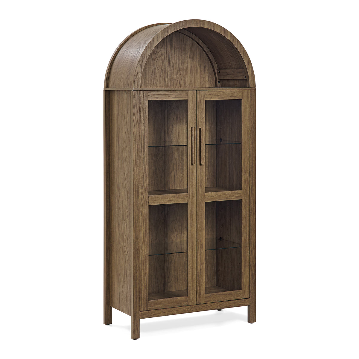 Walnut arched storage cabinet with built-in lamp from Anthony & Home, featuring elegant design and ample interior space.