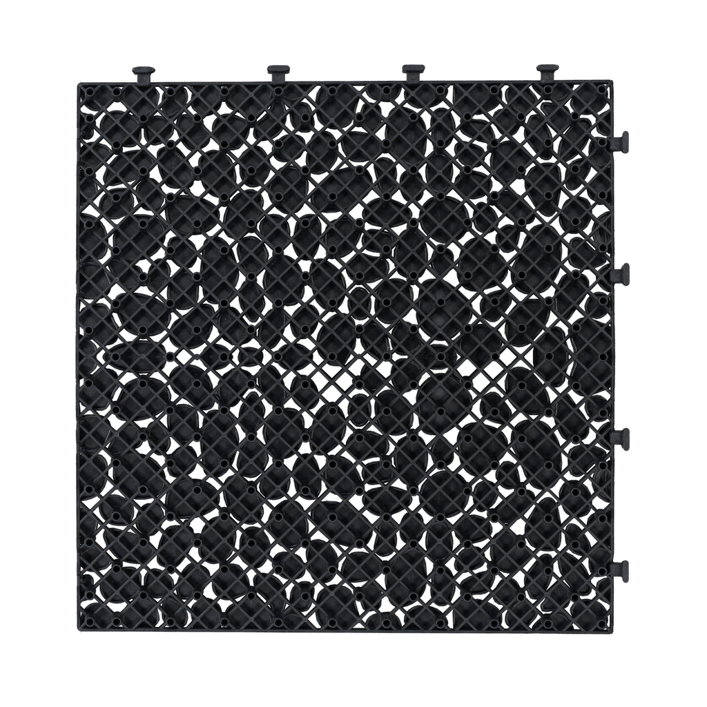 Black interlocking deck tiles from Anthony & Home, 12x12 inch all-weather anti-slip polymer for indoor and outdoor use.