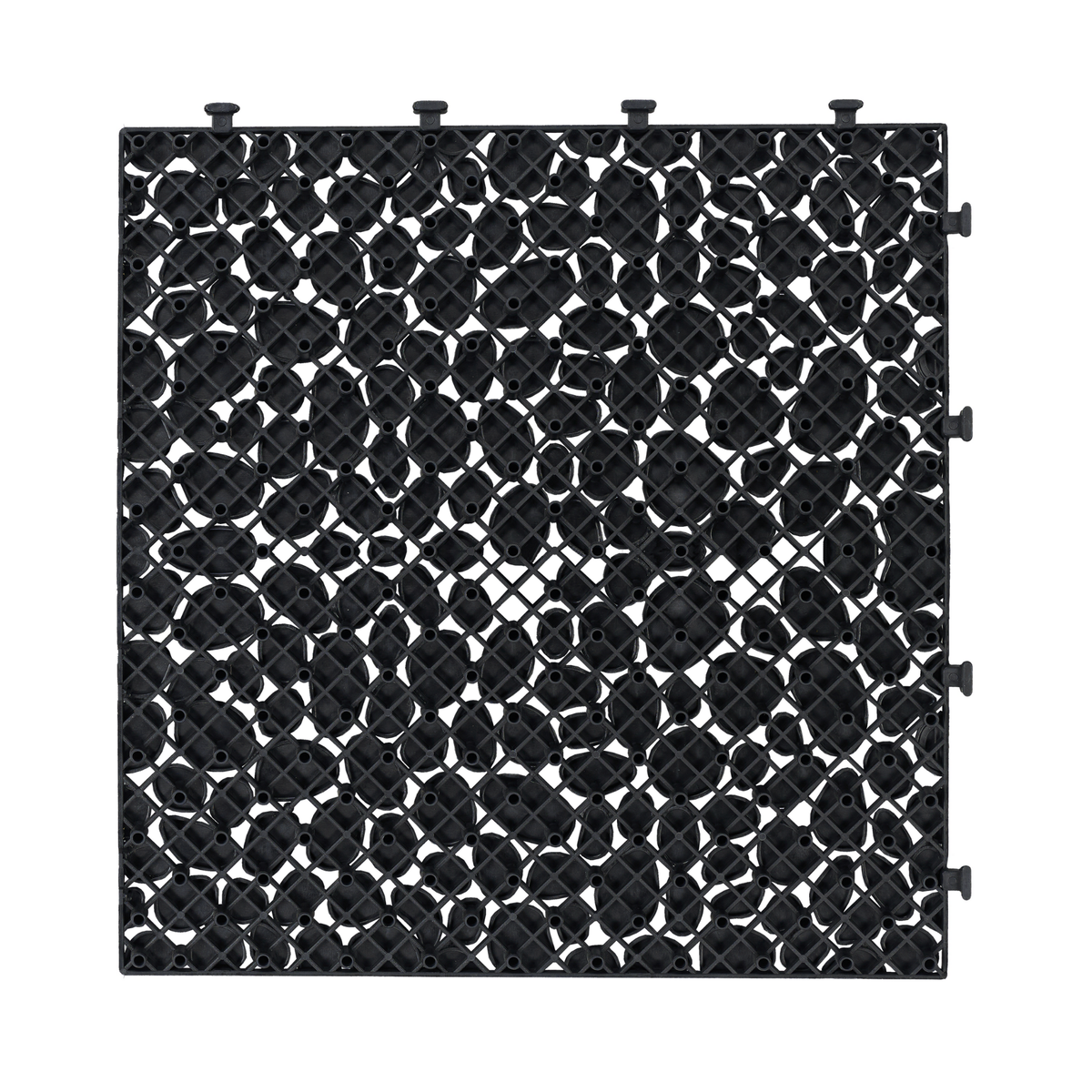 Black interlocking deck tiles from Anthony & Home, 12x12 inch all-weather anti-slip polymer for indoor and outdoor use.