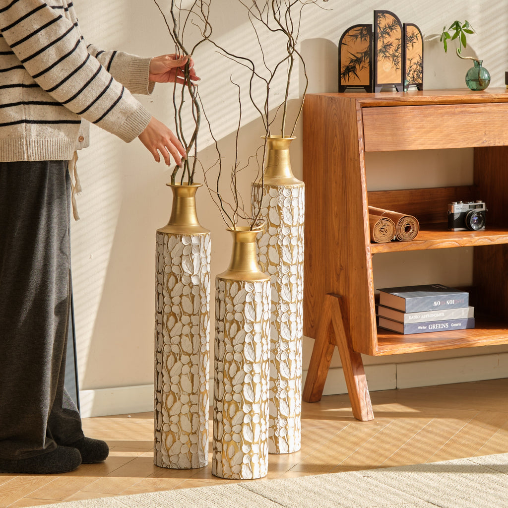 Anthony & Home Heritage Collection floor vase trio with elegant ceramic vases in various sizes and neutral tones.