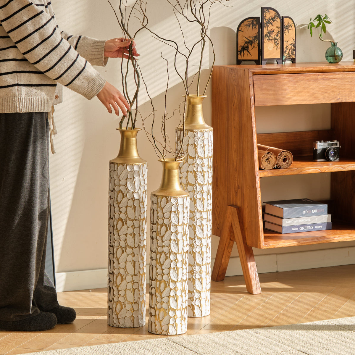 Anthony & Home Heritage Collection floor vase trio with elegant ceramic vases in various sizes and neutral tones.