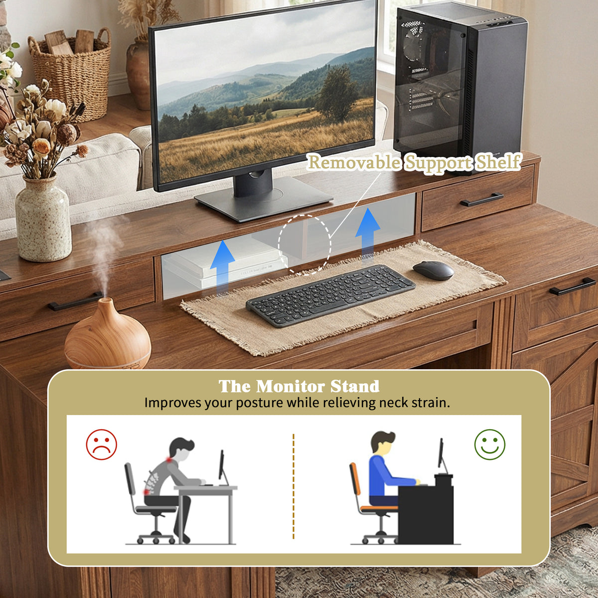 Anthony & Home Atelier Dark Walnut Farmhouse Office Desk with charging station, barn door, and monitor stand in a modern workspace setting.