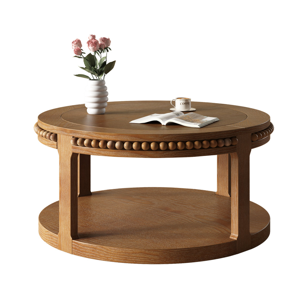 Anthony & Home Studio Walnut round coffee table with solid wood construction and two-tier design, showcasing a sleek modern style.