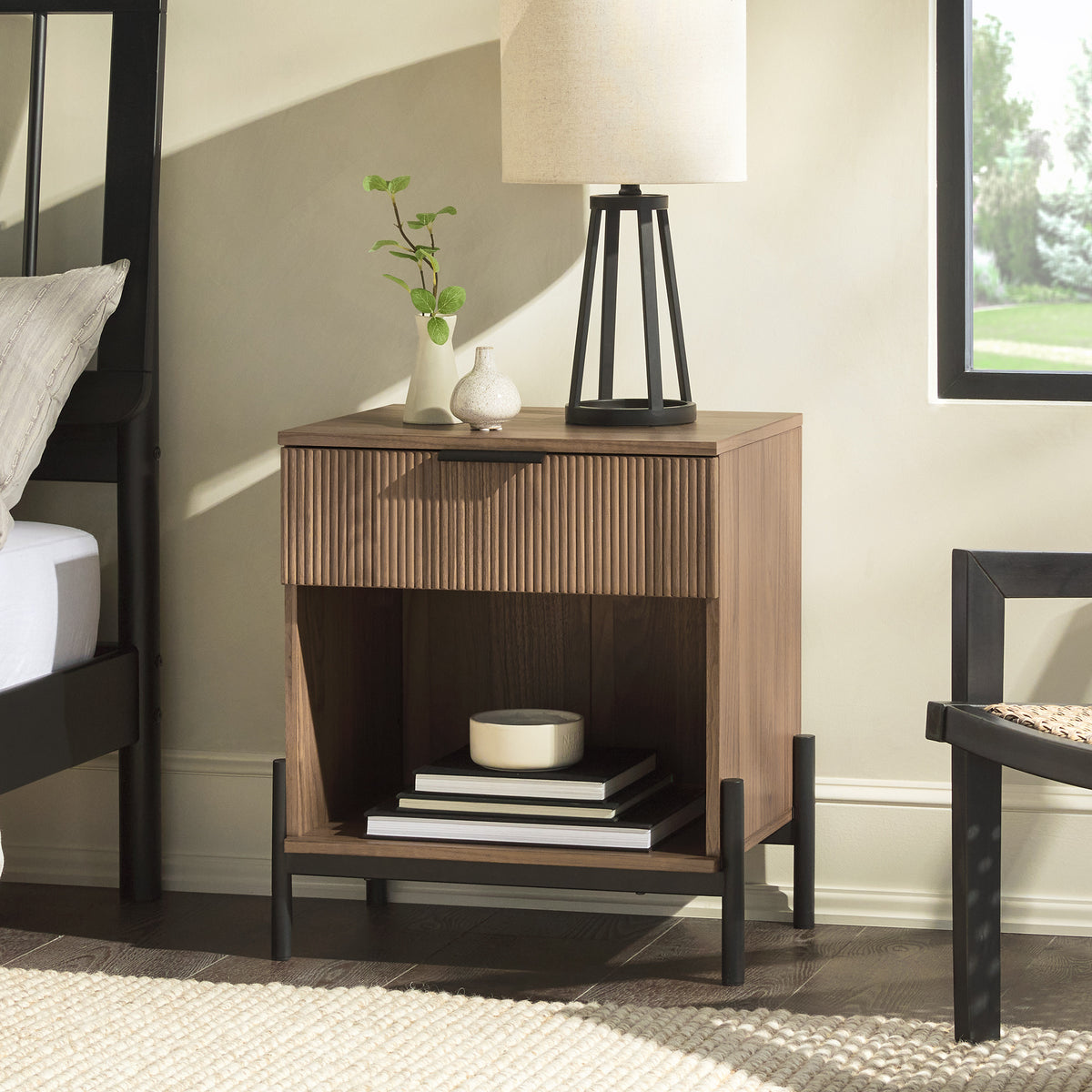 Anthony & Home Atelier Signature fluted drawer nightstand with open cubby, modern bedroom furniture piece.