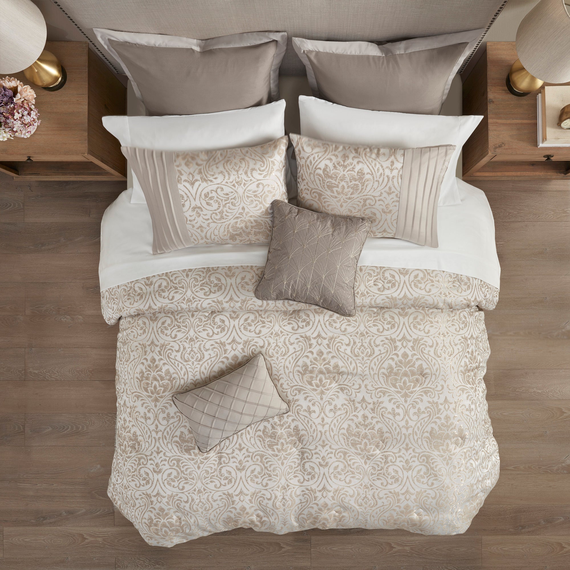 Anthony & Home Emilia Collection king-sized Jacquard Damask comforter set in khaki with intricate woven pattern.