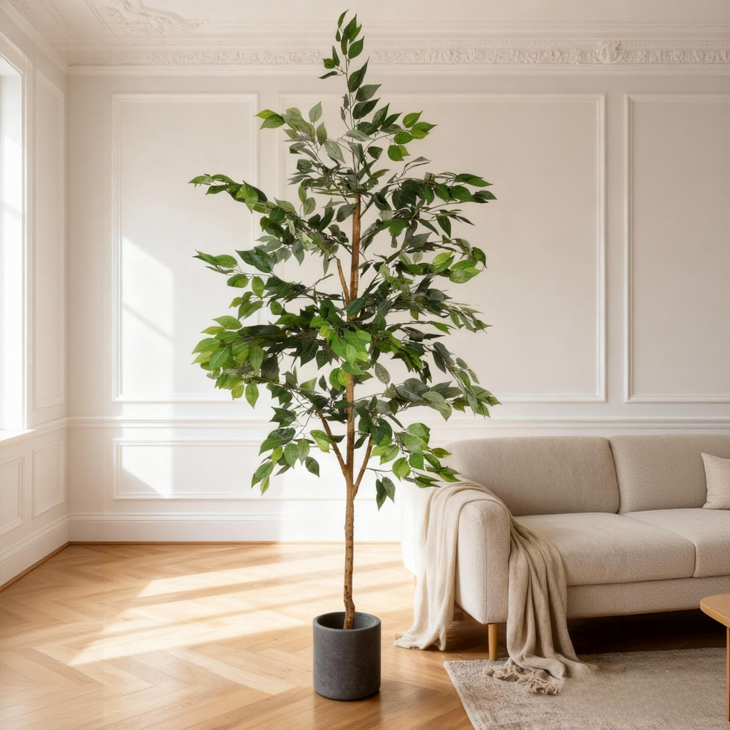 Artificial Ficus Tree, 6 ft with natural trunk in black pot, indoor home or office decor, from Anthony & Home Studio Collection