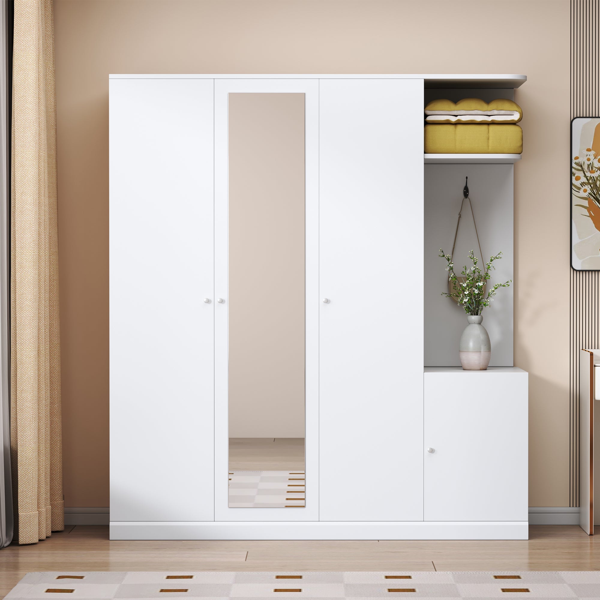 White Particle Board Wardrobe With Full Length Mirror Four Doors Shelves And Drawers Elegant Collection