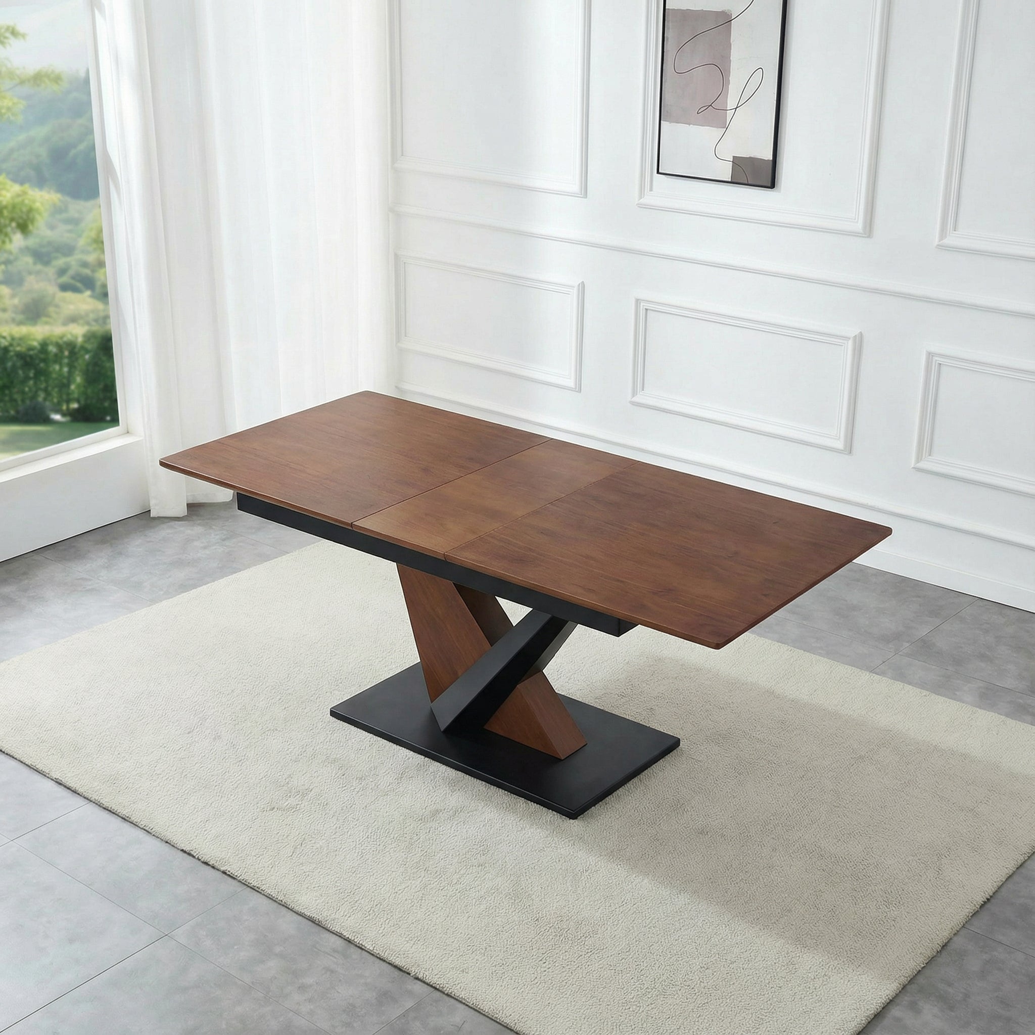 Dining Table Dark Walnut Marble MDF Veneer Top With Dual V Shaped Metal Legs Exclusive