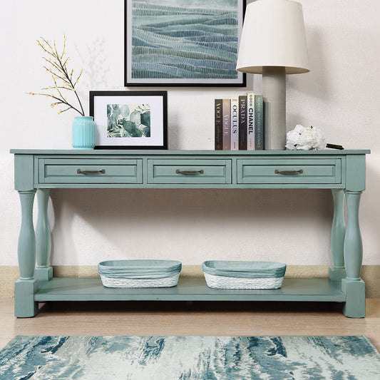 Anthony & Home Atelier solid walnut console table, 63-inch with 3 drawers and shelf, in retro blue, easy to assemble.