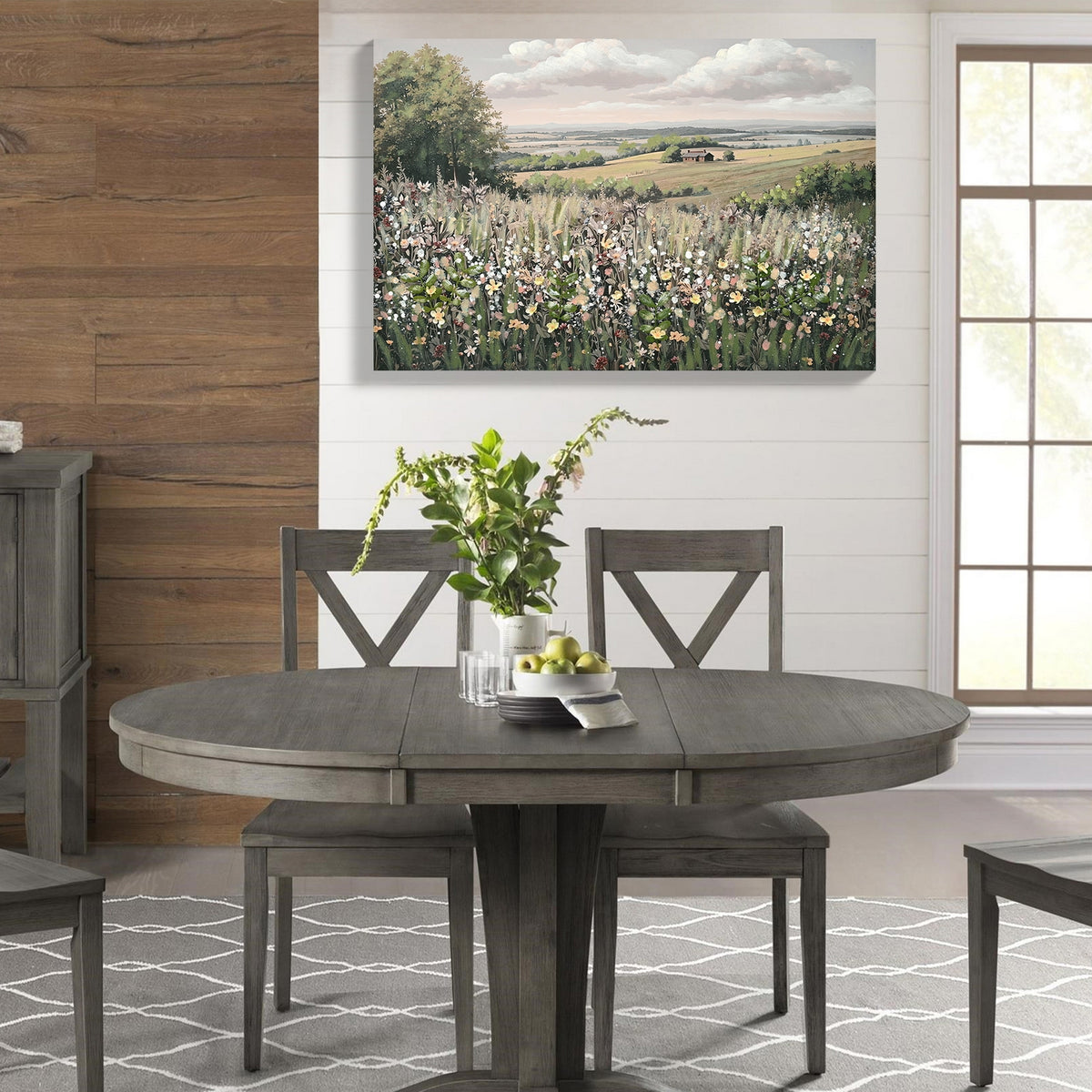 Anthony & Home framed canvas wall art featuring a scenic landscape meadow with flowers, 24x36 inches.
