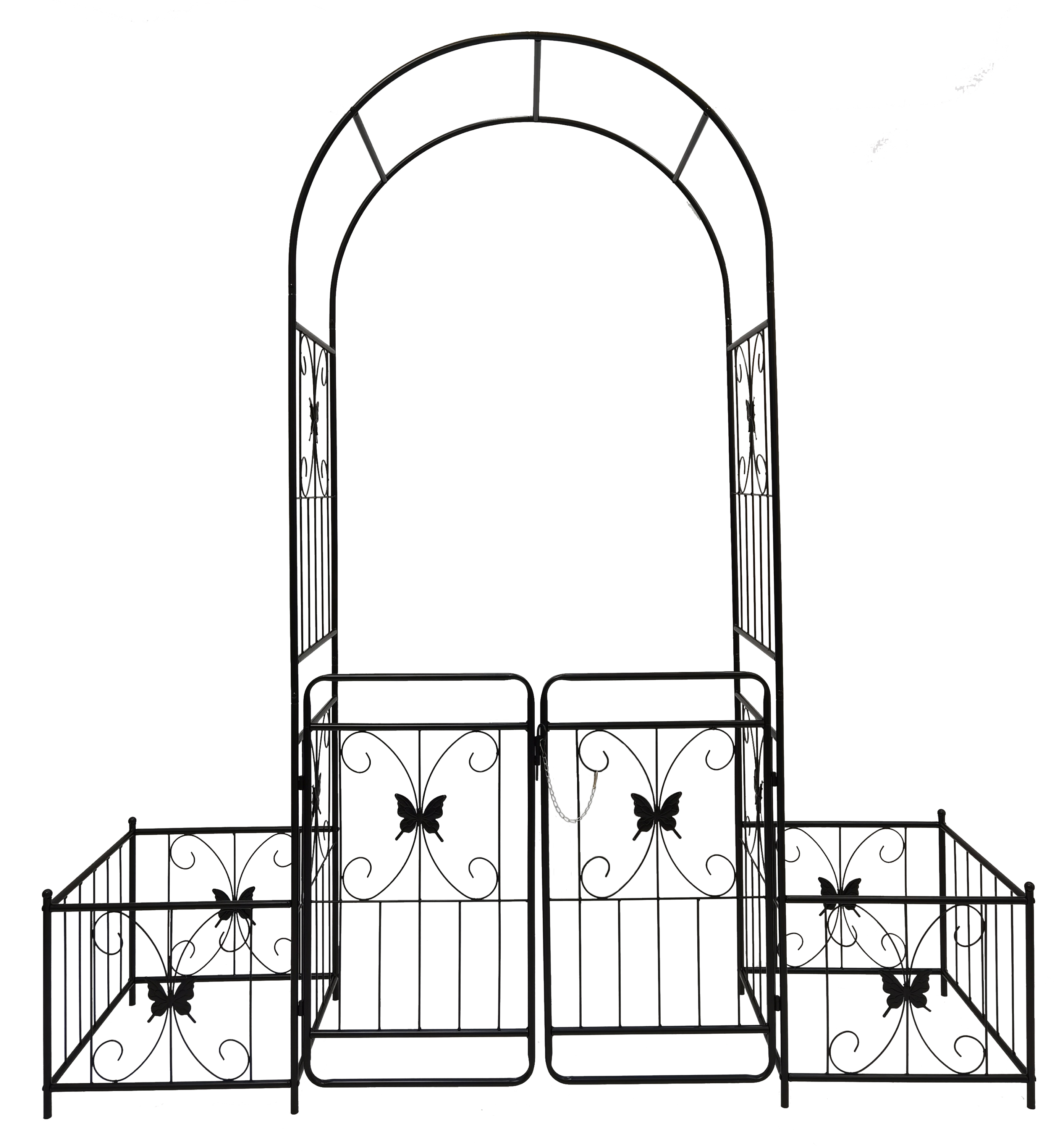 Black metal garden arch with gate, 79.5 inches wide and 86.6 inches high, ideal for climbing plants and roses.