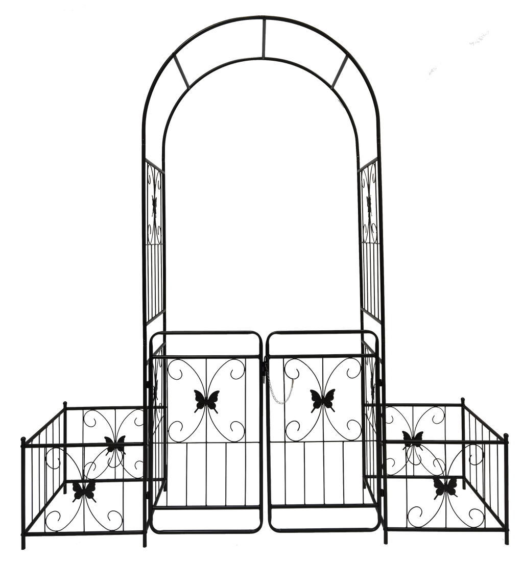 Black powder-coated metal garden arch with gate, 80x86 inches, rose arbor style by Anthony & Home