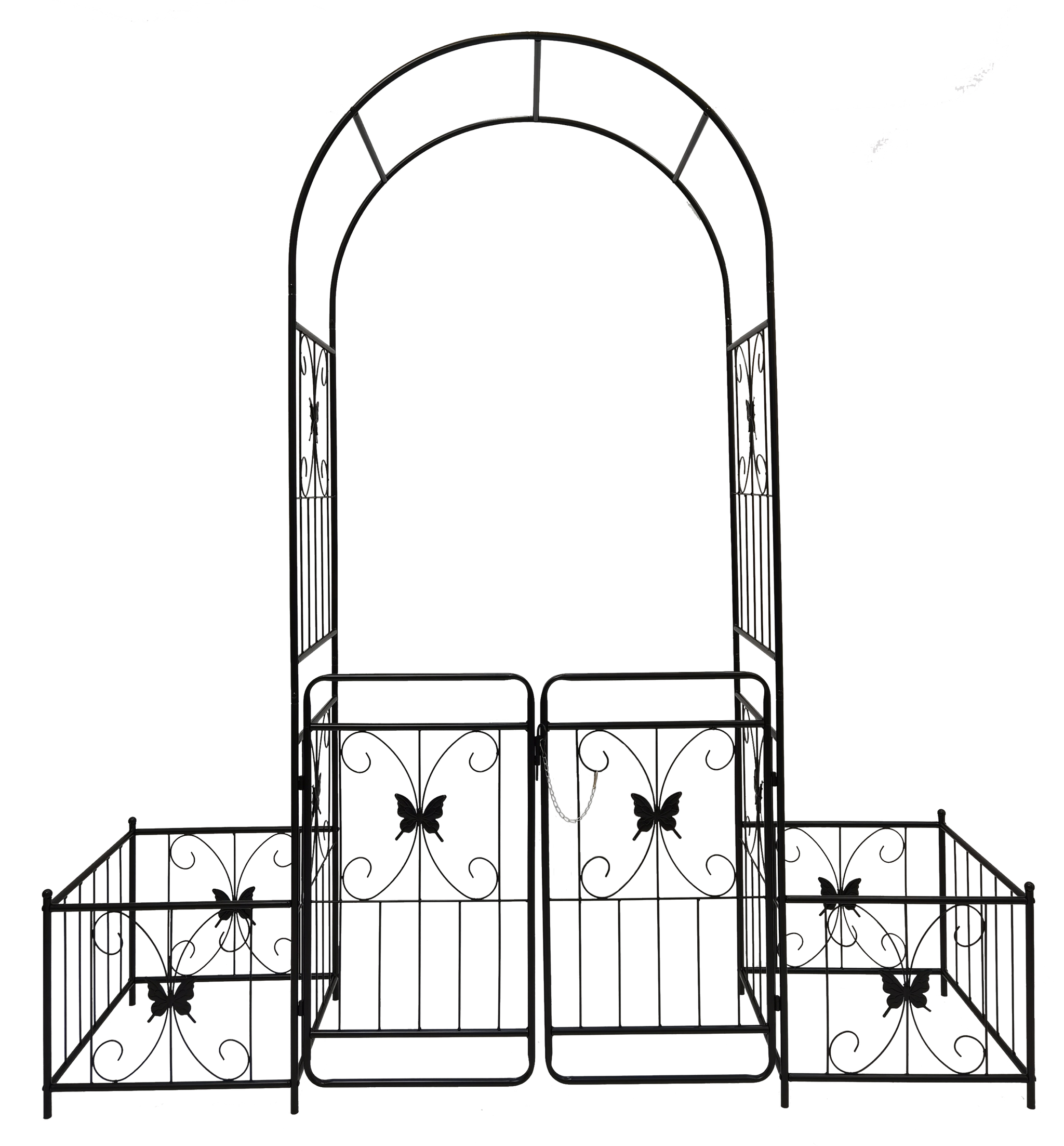 Black powder-coated metal garden arch with gate, 80x86 inches, rose arbor style by Anthony & Home