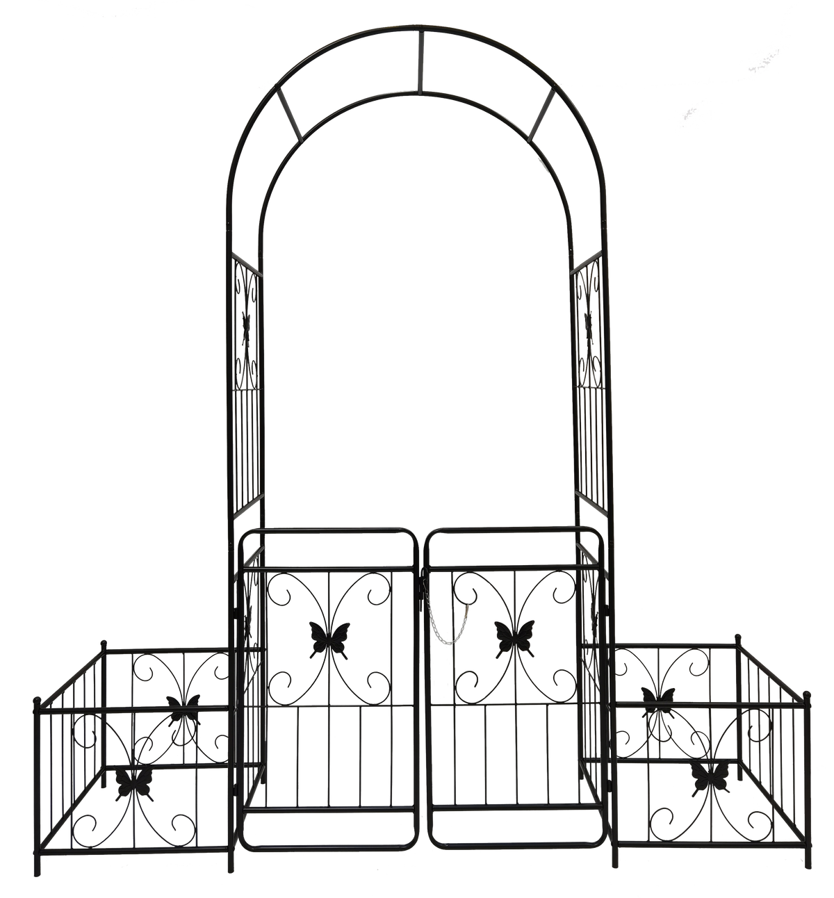 Black powder-coated metal garden arch with gate, 80x86 inches, rose arbor style by Anthony & Home