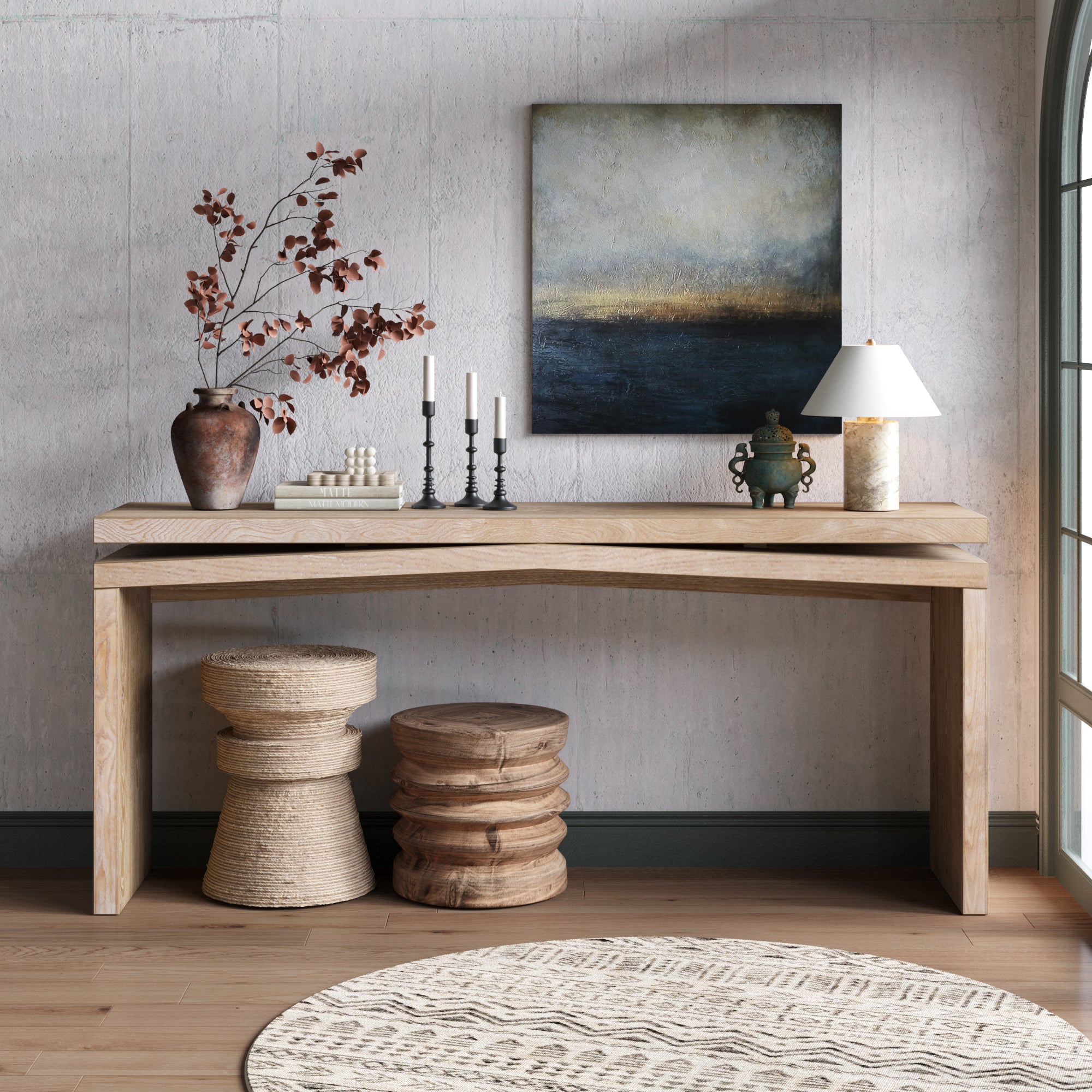 Heritage Rustic Solid Wood Veneer Console Table by Anthony & Home with natural wood grain and sturdy rectangular design.
