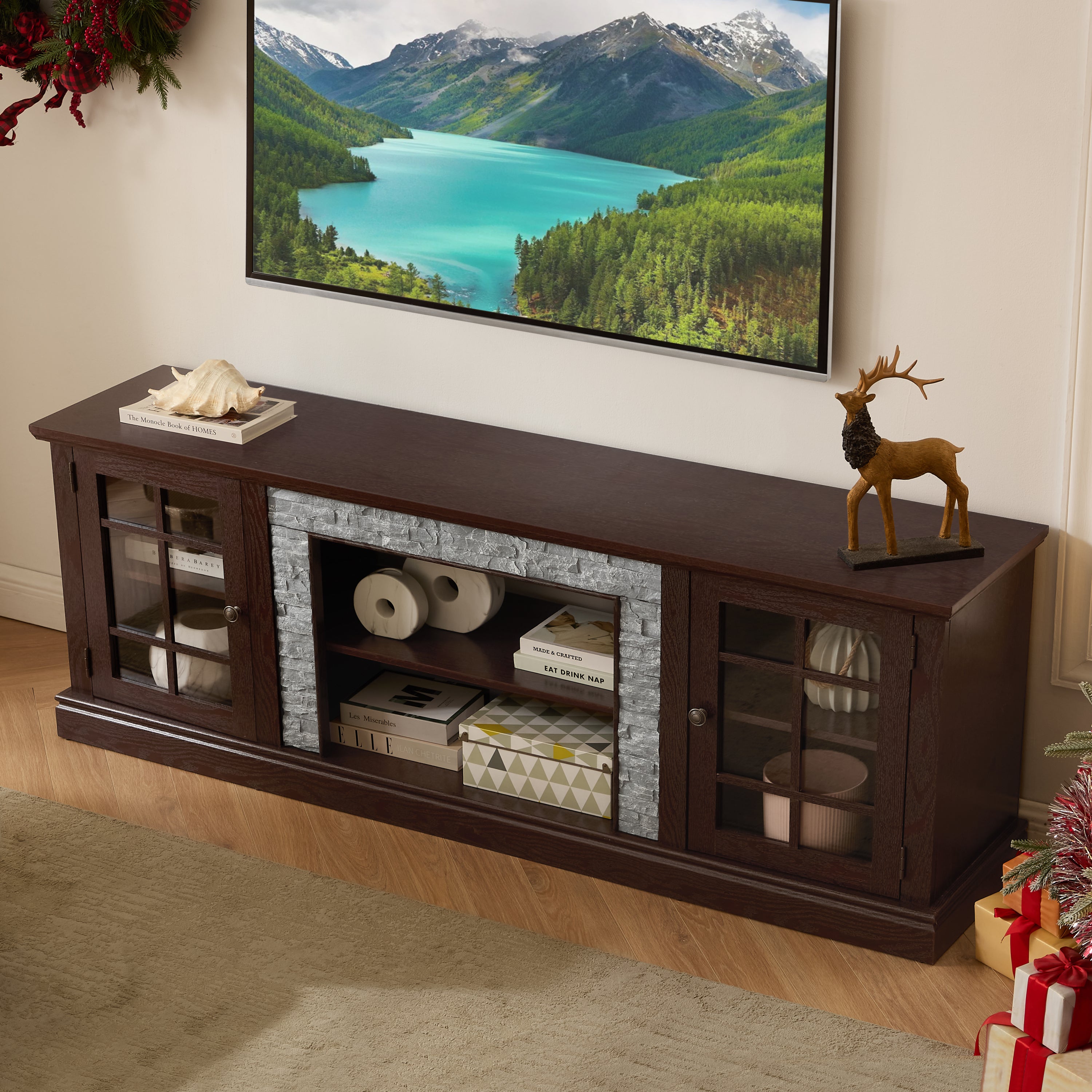 Anthony & Home 70-inch modern TV stand with faux stone finish, two-door storage, cherry wood finish, ideal for living room entertainment.
