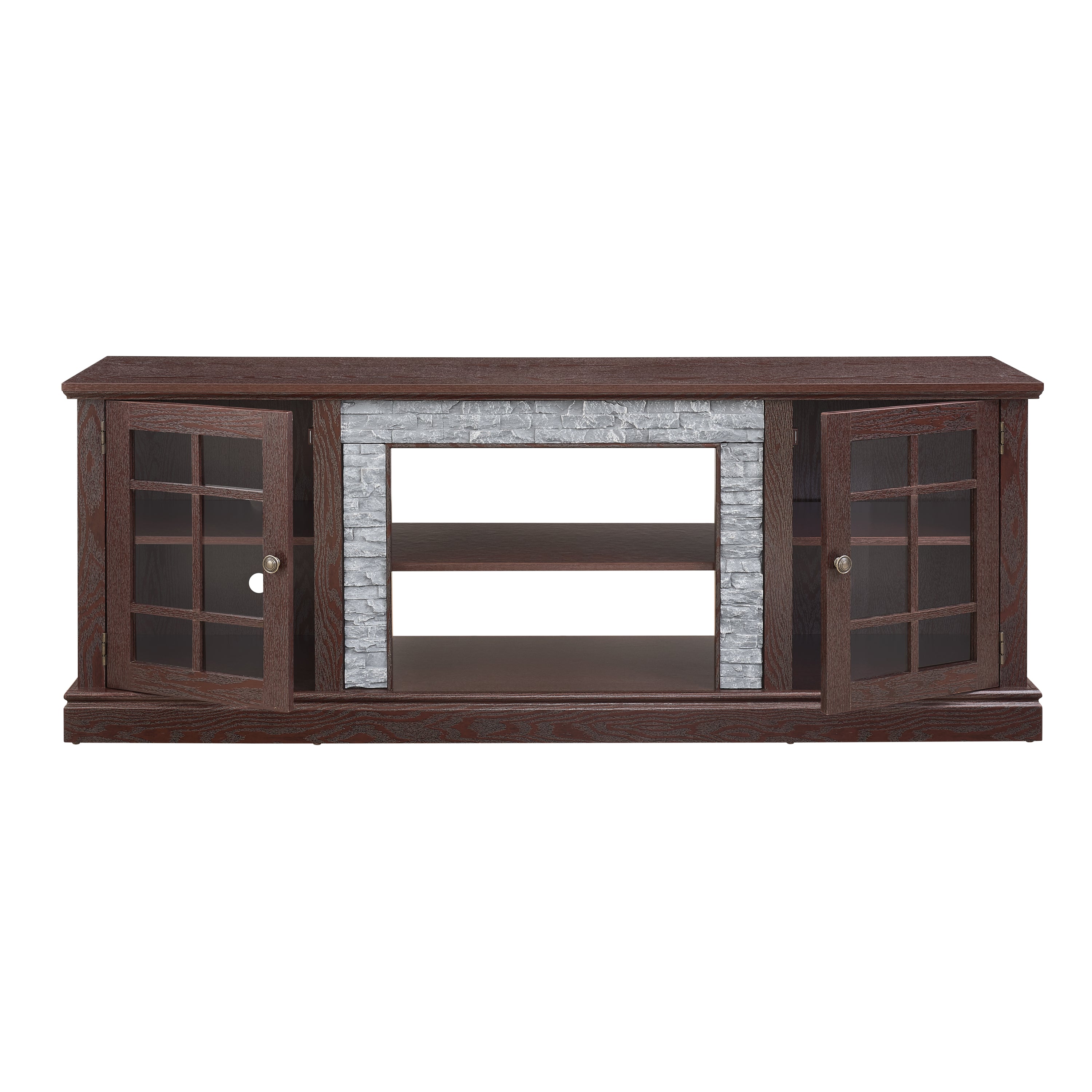 Modern cherry TV stand with two doors, faux stone accents, and spacious storage for living room entertainment setup.