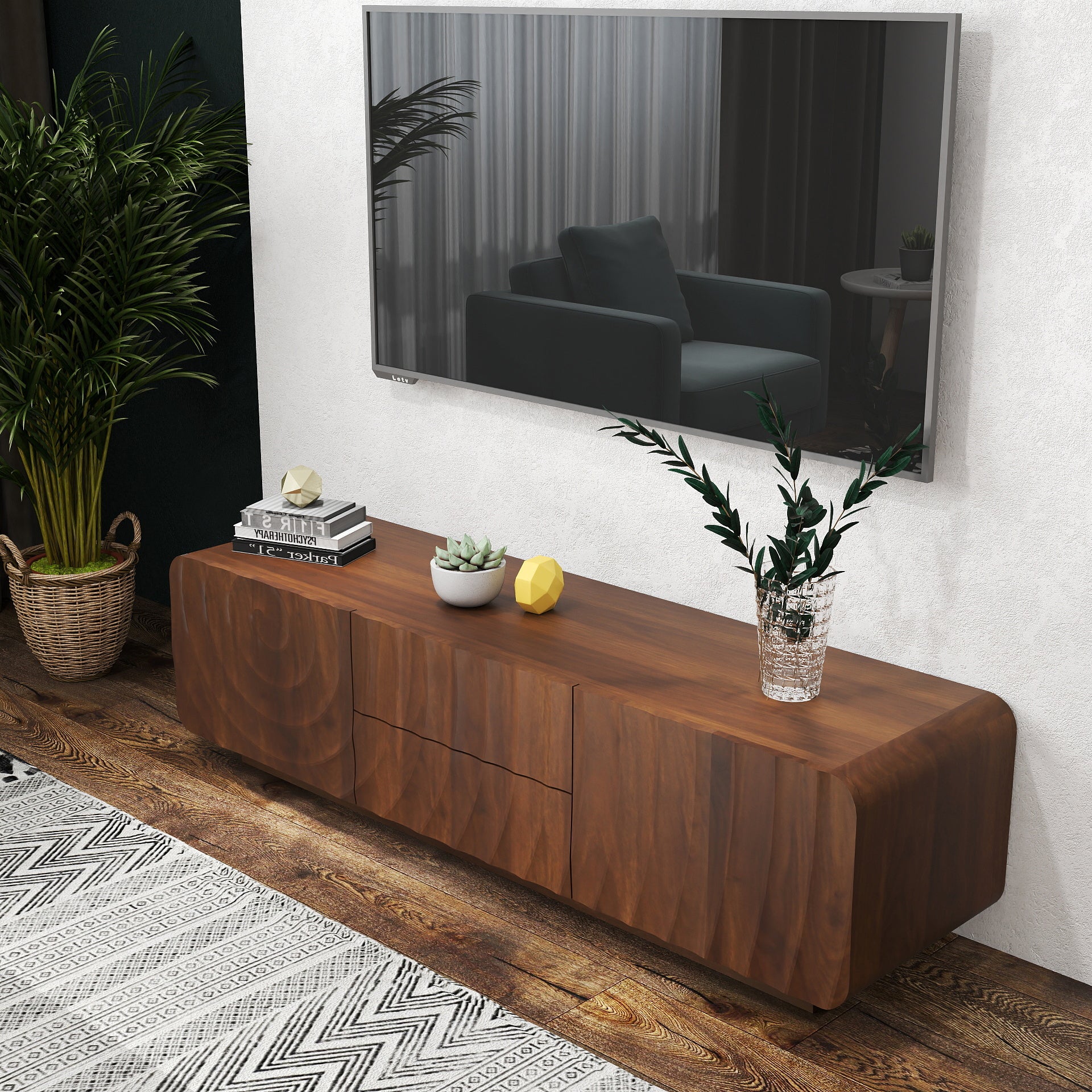 Anthony & Home 58-inch walnut TV console with spiral wave design, storage cabinet, and two drawers, modern living room furniture