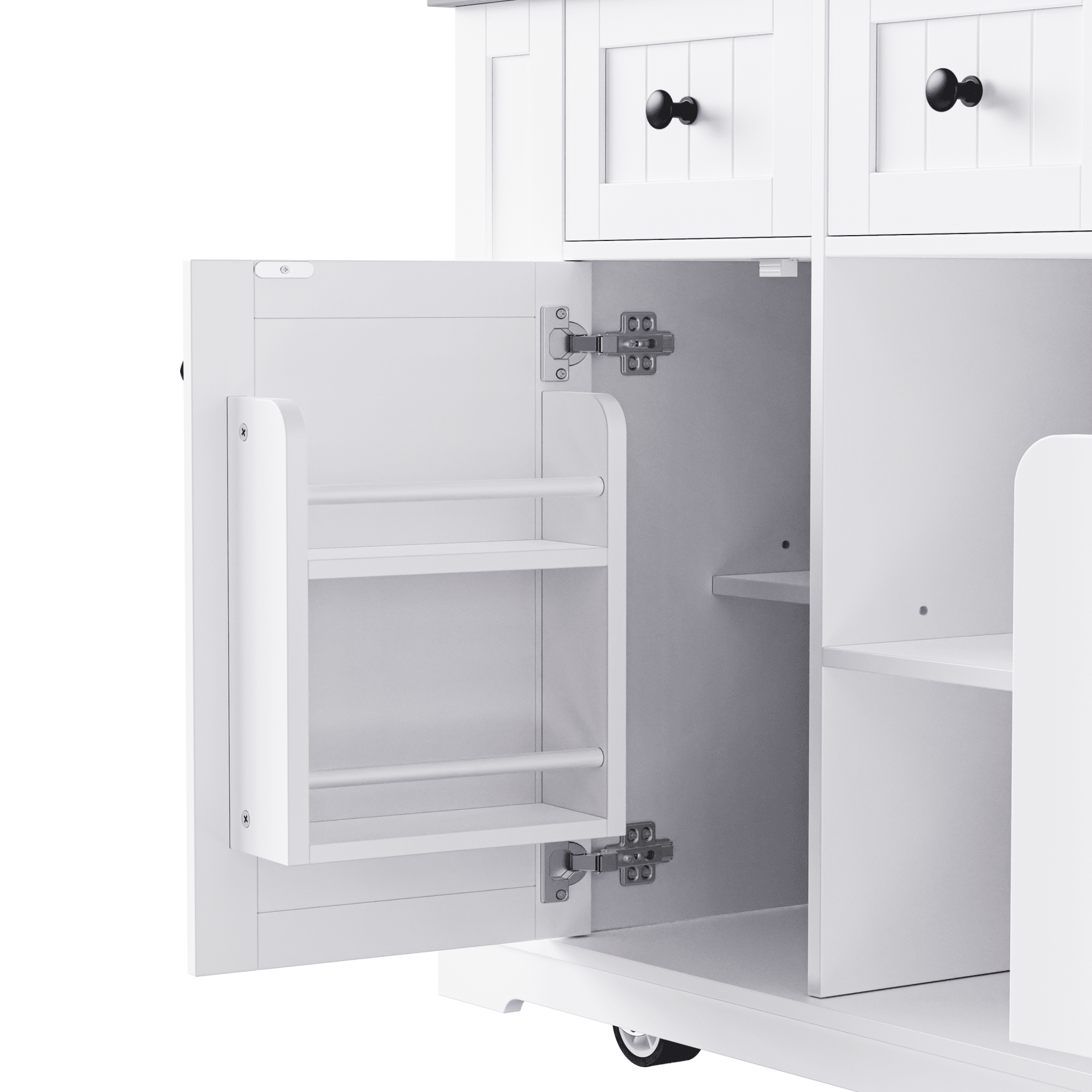 White Anthony & Home Studio MDF kitchen island with drop leaf, bar stools, storage cart, and built-in power outlet.